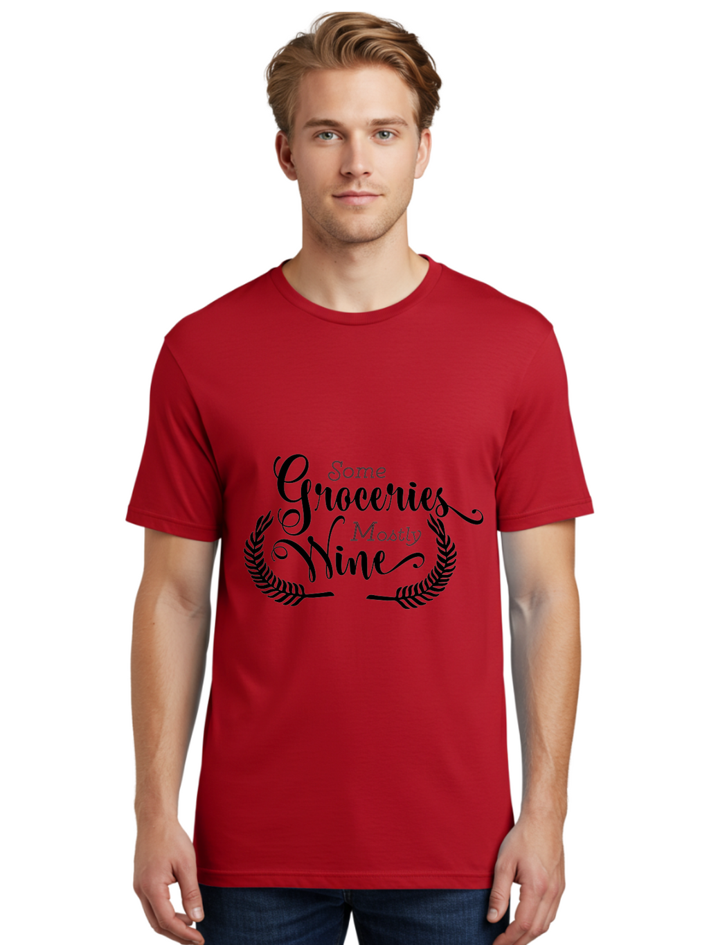 Some-Groceries-Mostly-Wine Men'S Graphic Tee, 100% Cotton, Comfortable Casual Summer Wear, Machine Washable, Grocery Shopping, Wine Lovers, Humorous Quote, Elegant Typography, Leafy Wreath, Shopping Humor, Funny Sayings Aad187