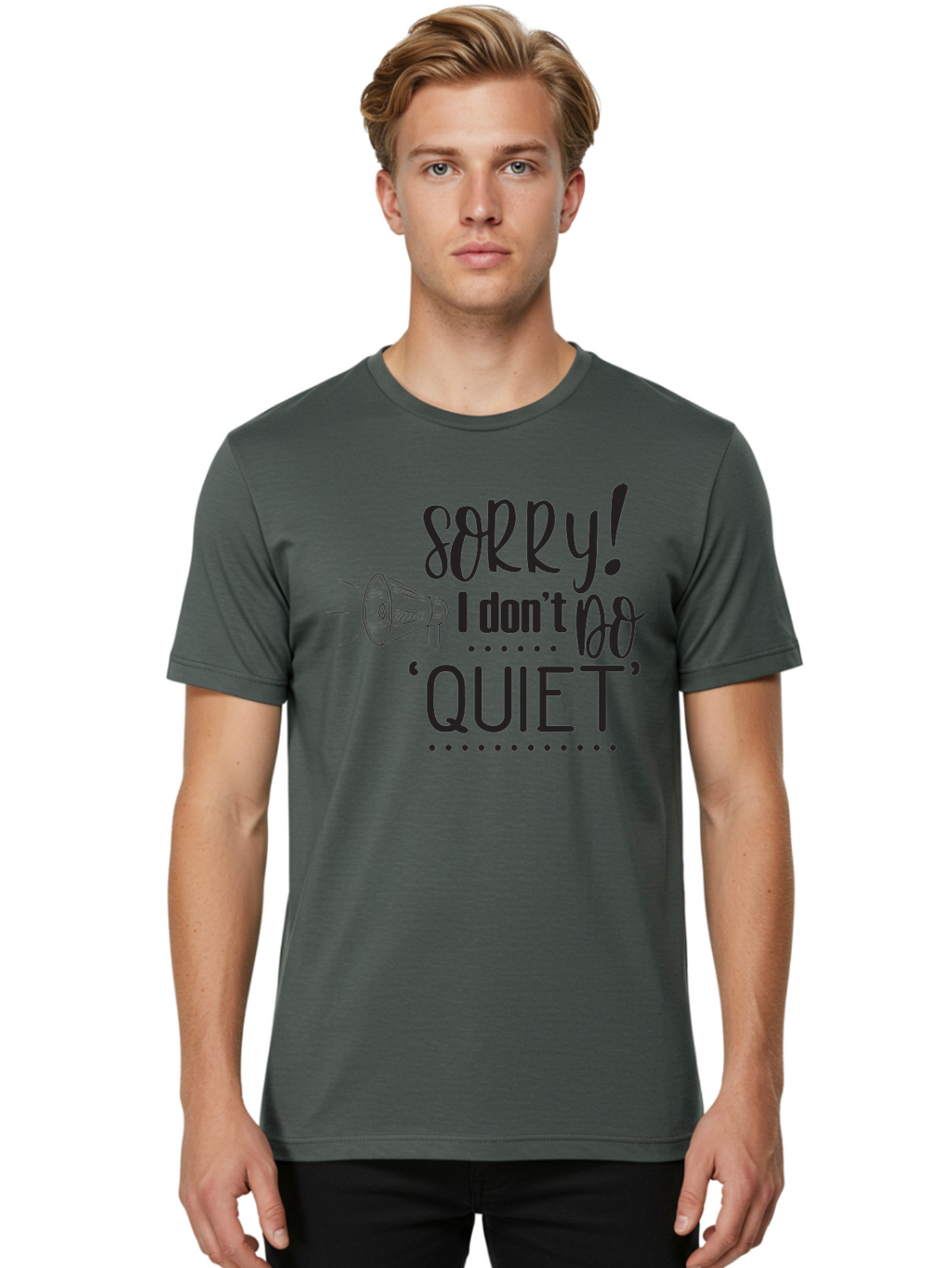 Sorry-I-Don-T-Do-Quiet Men'S Graphic Tee, 100% Cotton, Comfortable Casual Summer Wear, Machine Washable, Humorous Quote, Funny Saying, Loud Personality, Megaphone Illustration, Playful Typography, Quirky Humor, Bold Statement, Loud And Proud Aad190