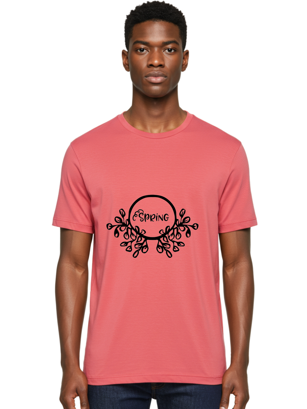 Spring Men'S Graphic Tee, 100% Cotton, Comfortable Casual Summer Wear, Machine Washable, Spring Season, Floral Wreath, Blooming Flowers, Black Outline, Whimsical Design, Seasonal Theme, Nature-Inspired Art, Springtime Vibes Aad192