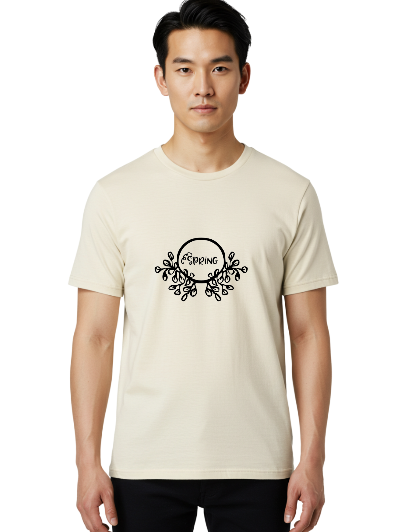 Spring Men'S Graphic Tee, 100% Cotton, Comfortable Casual Summer Wear, Machine Washable, Spring Season, Floral Wreath, Blooming Flowers, Black Outline, Whimsical Design, Seasonal Theme, Nature-Inspired Art, Springtime Vibes Aad192