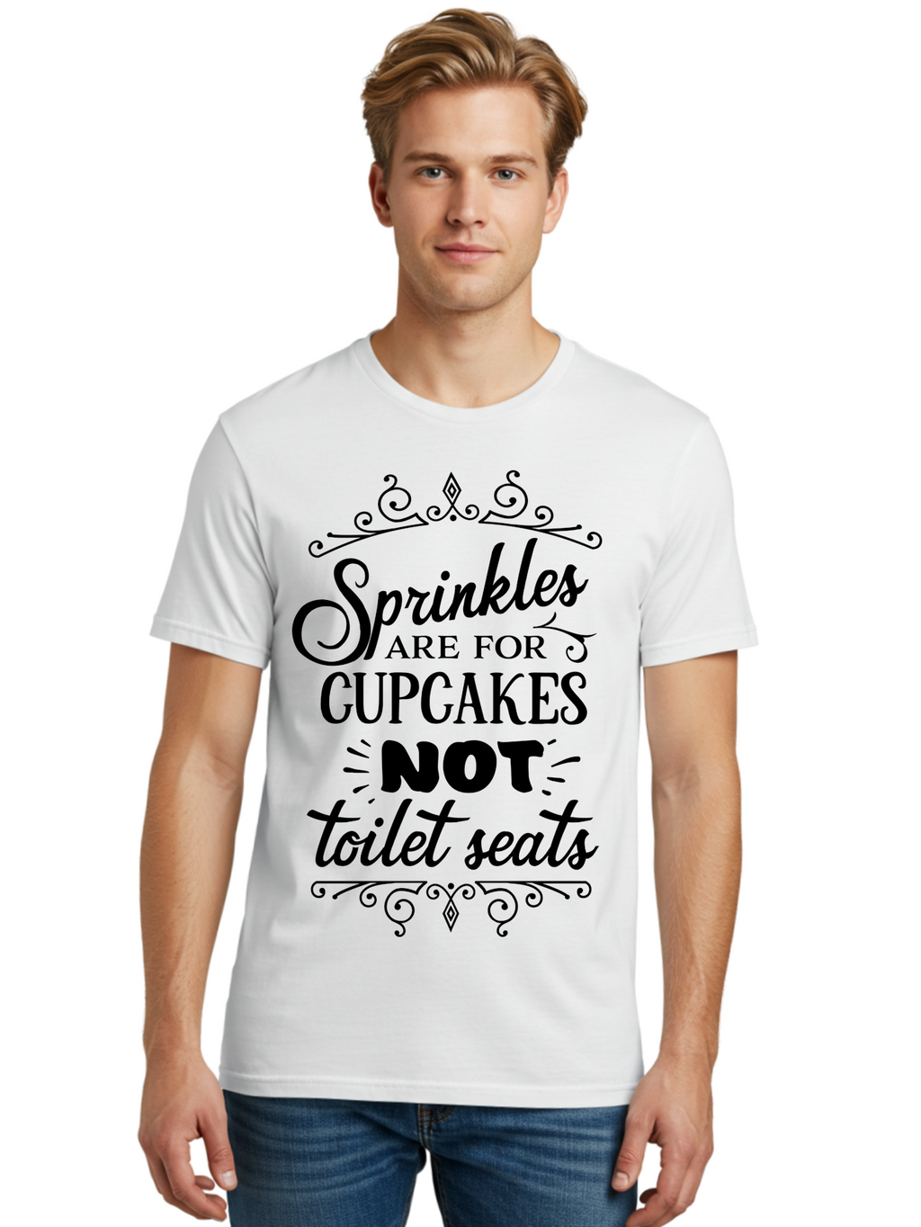Sprinkles-Are-For-Cupcakes-Not-Toilet-Seats Men'S Graphic Tee, 100% Cotton, Comfortable Casual Summer Wear, Machine Washable, Funny Quote, Quirky Humor, Bathroom Decor, Cupcake Love, Sprinkle Theme, Toilet Humor, Cute Sign, Baking Humor, Aad193
