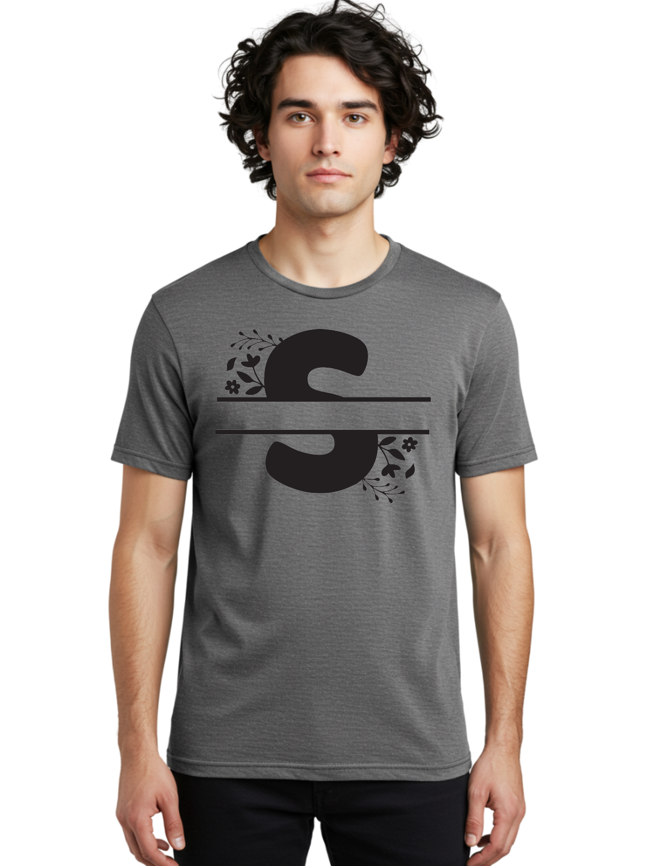 Ss-Floral-Design Men'S Graphic Tee, 100% Cotton, Comfortable Casual Summer Wear, Machine Washable, Floral Design, Double S, Black Letters, Leafy Vines, Flowers, Elegant Typography, Decorative Elements, S Lettering Aad194