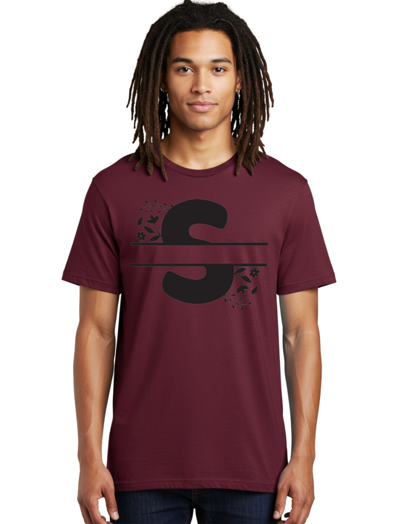 Ss-Floral-Design Men'S Graphic Tee, 100% Cotton, Comfortable Casual Summer Wear, Machine Washable, Floral Design, Double S, Black Letters, Leafy Vines, Flowers, Elegant Typography, Decorative Elements, S Lettering Aad194