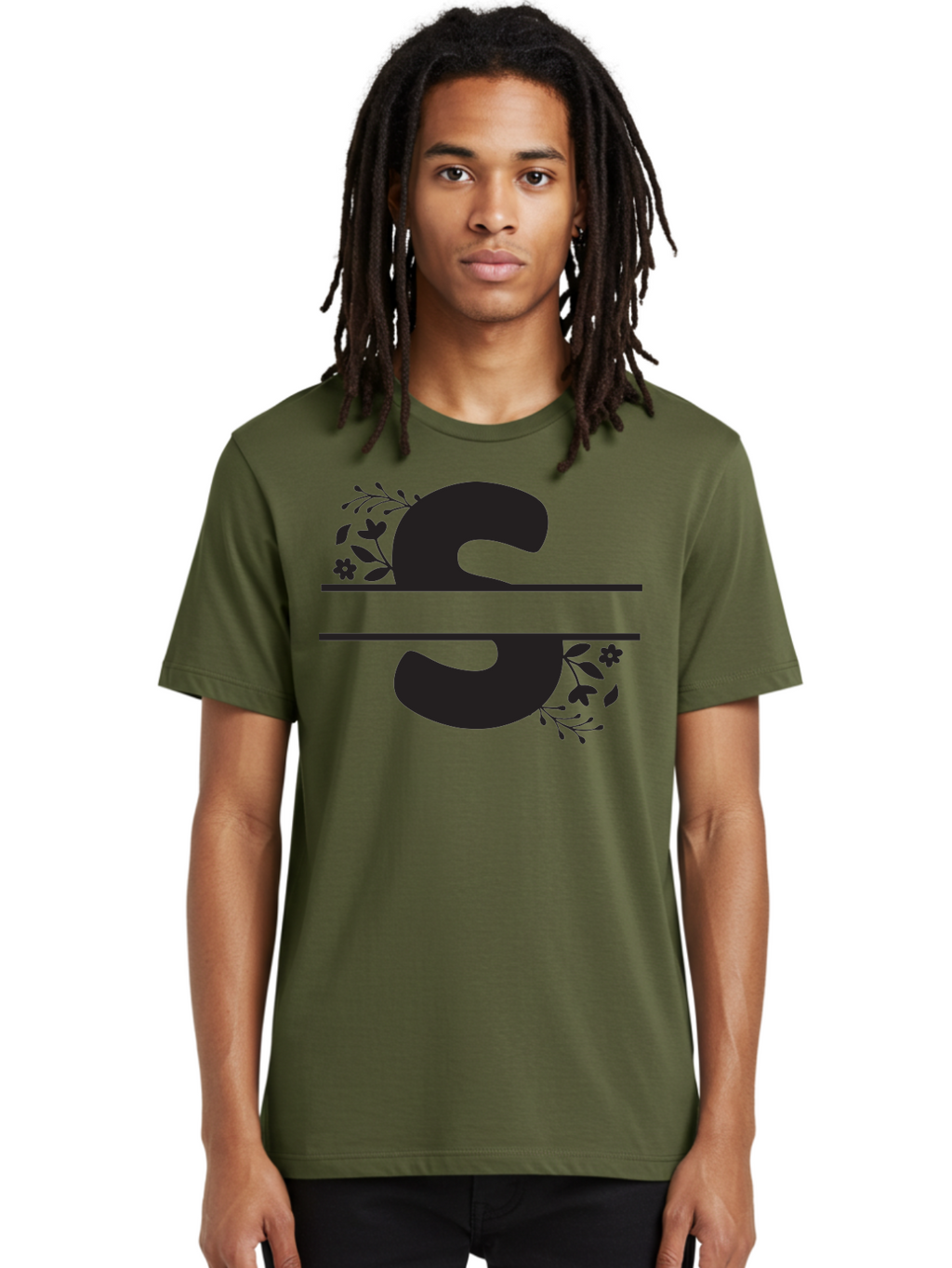 Ss-Floral-Design Men'S Graphic Tee, 100% Cotton, Comfortable Casual Summer Wear, Machine Washable, Floral Design, Double S, Black Letters, Leafy Vines, Flowers, Elegant Typography, Decorative Elements, S Lettering Aad194