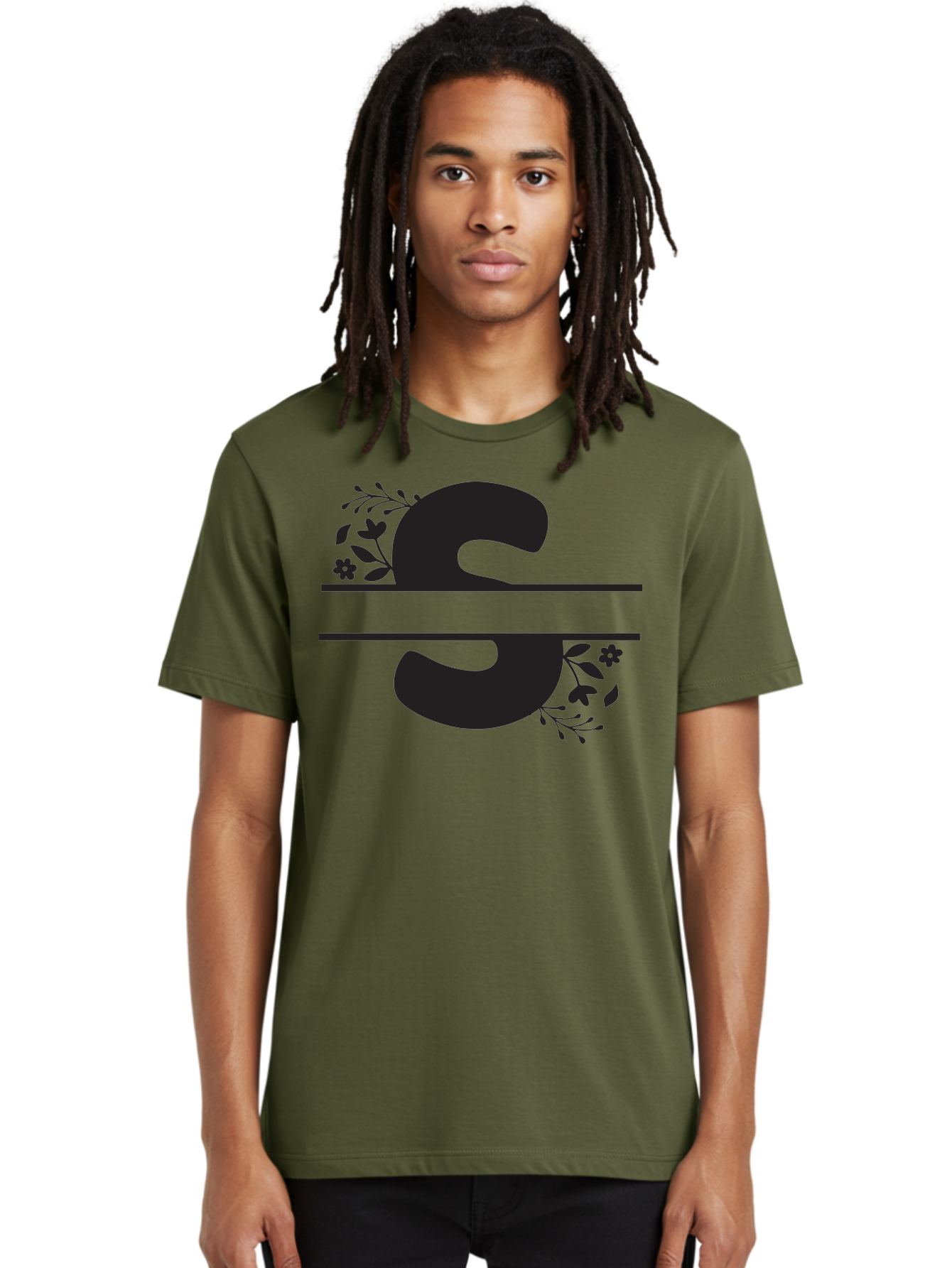 Ss-Floral-Design Men'S Graphic Tee, 100% Cotton, Comfortable Casual Summer Wear, Machine Washable, Floral Design, Double S, Black Letters, Leafy Vines, Flowers, Elegant Typography, Decorative Elements, S Lettering Aad194
