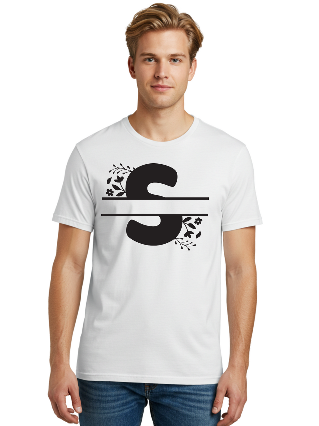 Ss-Floral-Design Men'S Graphic Tee, 100% Cotton, Comfortable Casual Summer Wear, Machine Washable, Floral Design, Double S, Black Letters, Leafy Vines, Flowers, Elegant Typography, Decorative Elements, S Lettering Aad194