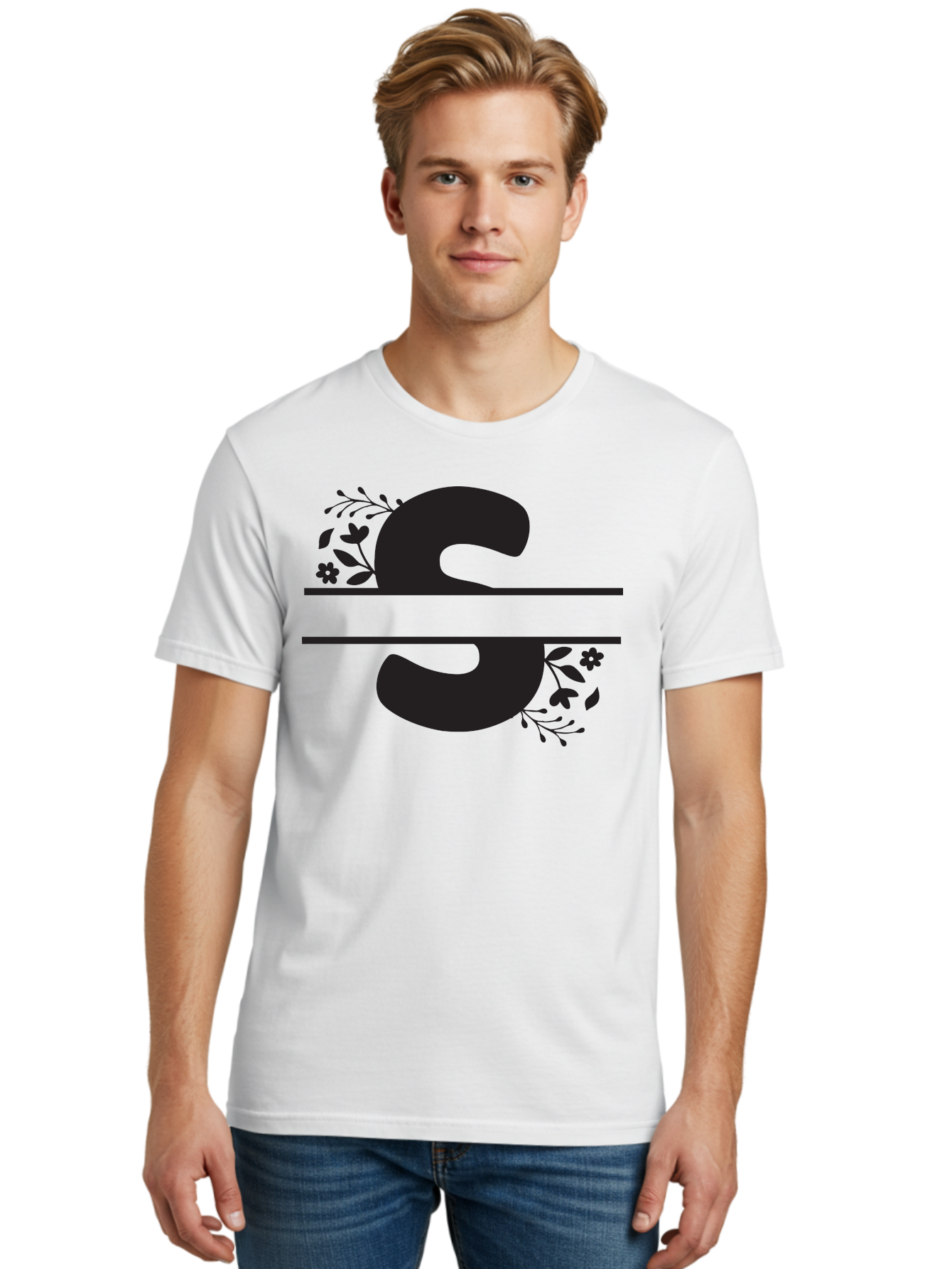 Ss-Floral-Design Men'S Graphic Tee, 100% Cotton, Comfortable Casual Summer Wear, Machine Washable, Floral Design, Double S, Black Letters, Leafy Vines, Flowers, Elegant Typography, Decorative Elements, S Lettering Aad194