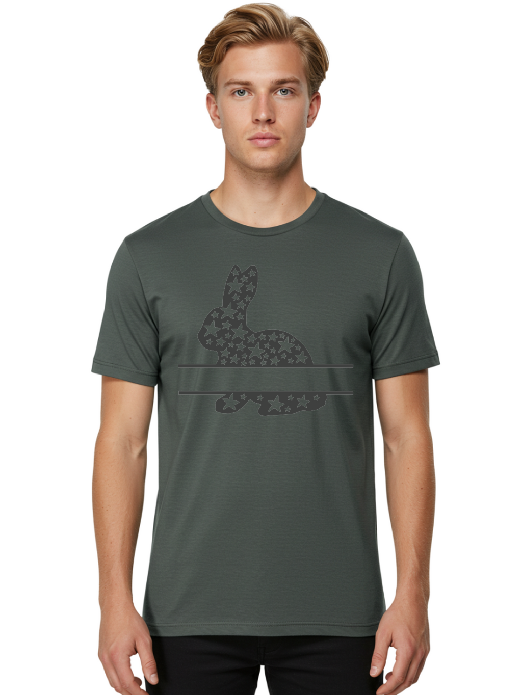 Star-Bunny Men'S Graphic Tee, 100% Cotton, Comfortable Casual Summer Wear, Machine Washable, Rabbit Silhouette, Decorative Stars, Minimalist Design, Modern Art, Artistic Expression, Star Pattern, Cute Rabbit Aad195
