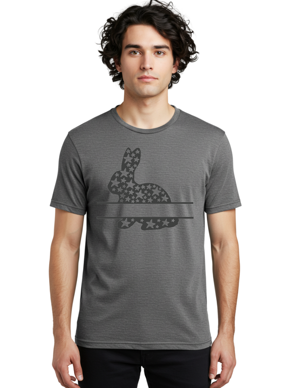 Star-Bunny Men'S Graphic Tee, 100% Cotton, Comfortable Casual Summer Wear, Machine Washable, Rabbit Silhouette, Decorative Stars, Minimalist Design, Modern Art, Artistic Expression, Star Pattern, Cute Rabbit Aad195