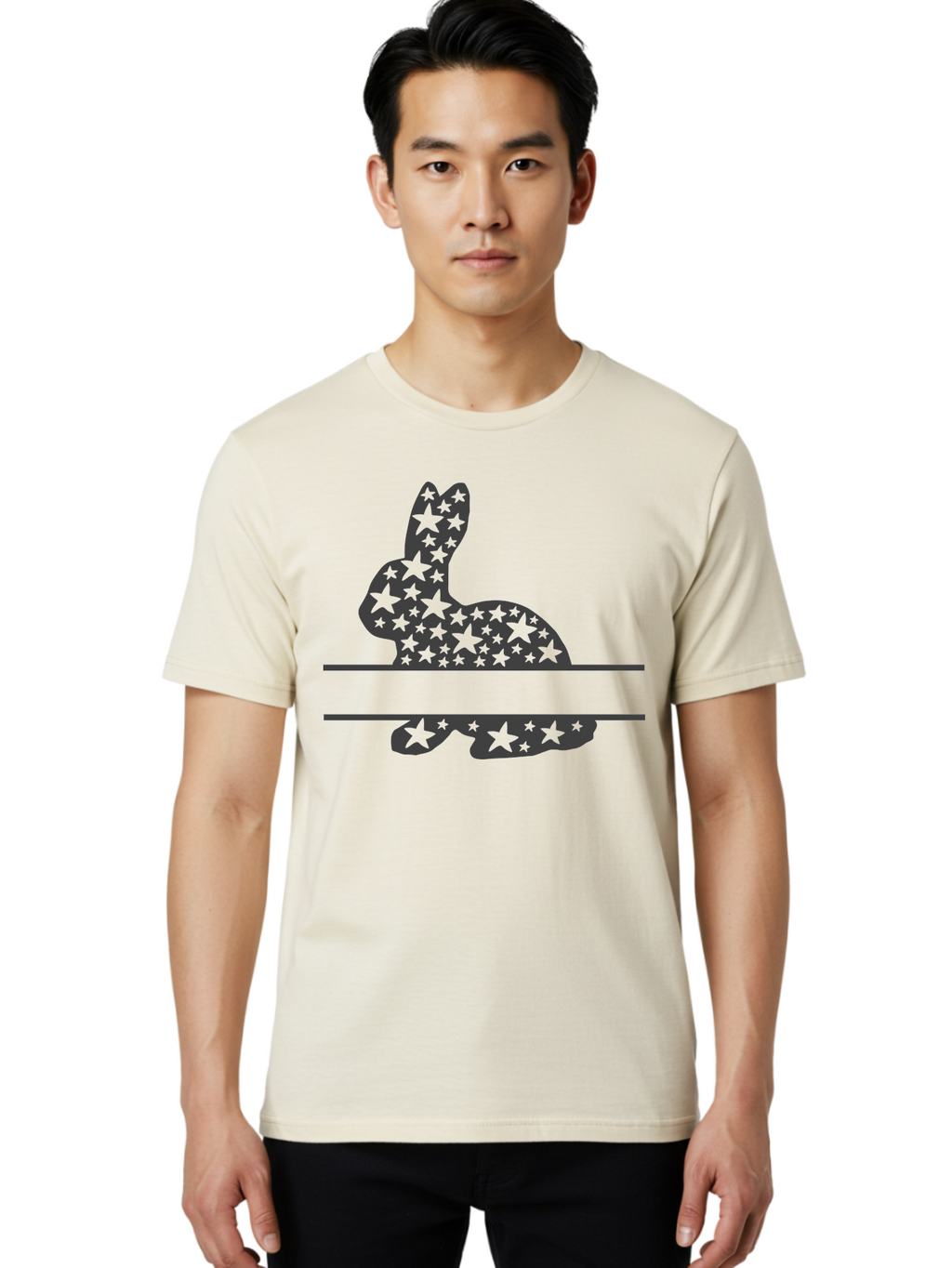 Star-Bunny Men'S Graphic Tee, 100% Cotton, Comfortable Casual Summer Wear, Machine Washable, Rabbit Silhouette, Decorative Stars, Minimalist Design, Modern Art, Artistic Expression, Star Pattern, Cute Rabbit Aad195