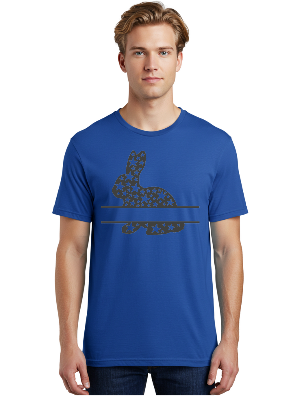 Star-Bunny Men'S Graphic Tee, 100% Cotton, Comfortable Casual Summer Wear, Machine Washable, Rabbit Silhouette, Decorative Stars, Minimalist Design, Modern Art, Artistic Expression, Star Pattern, Cute Rabbit Aad195