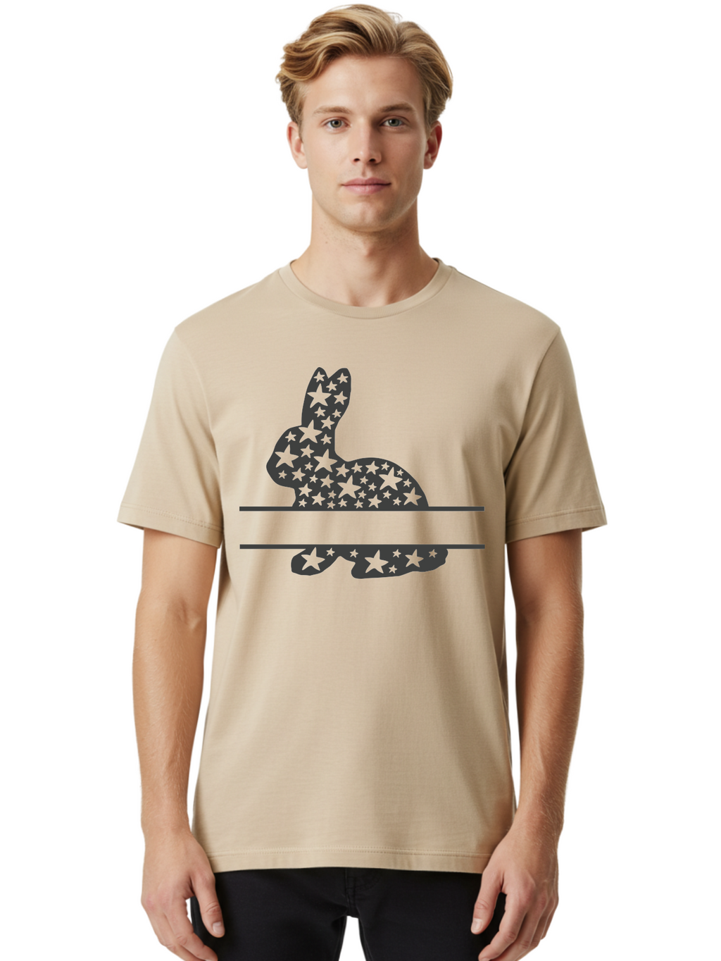 Star-Bunny Men'S Graphic Tee, 100% Cotton, Comfortable Casual Summer Wear, Machine Washable, Rabbit Silhouette, Decorative Stars, Minimalist Design, Modern Art, Artistic Expression, Star Pattern, Cute Rabbit Aad195