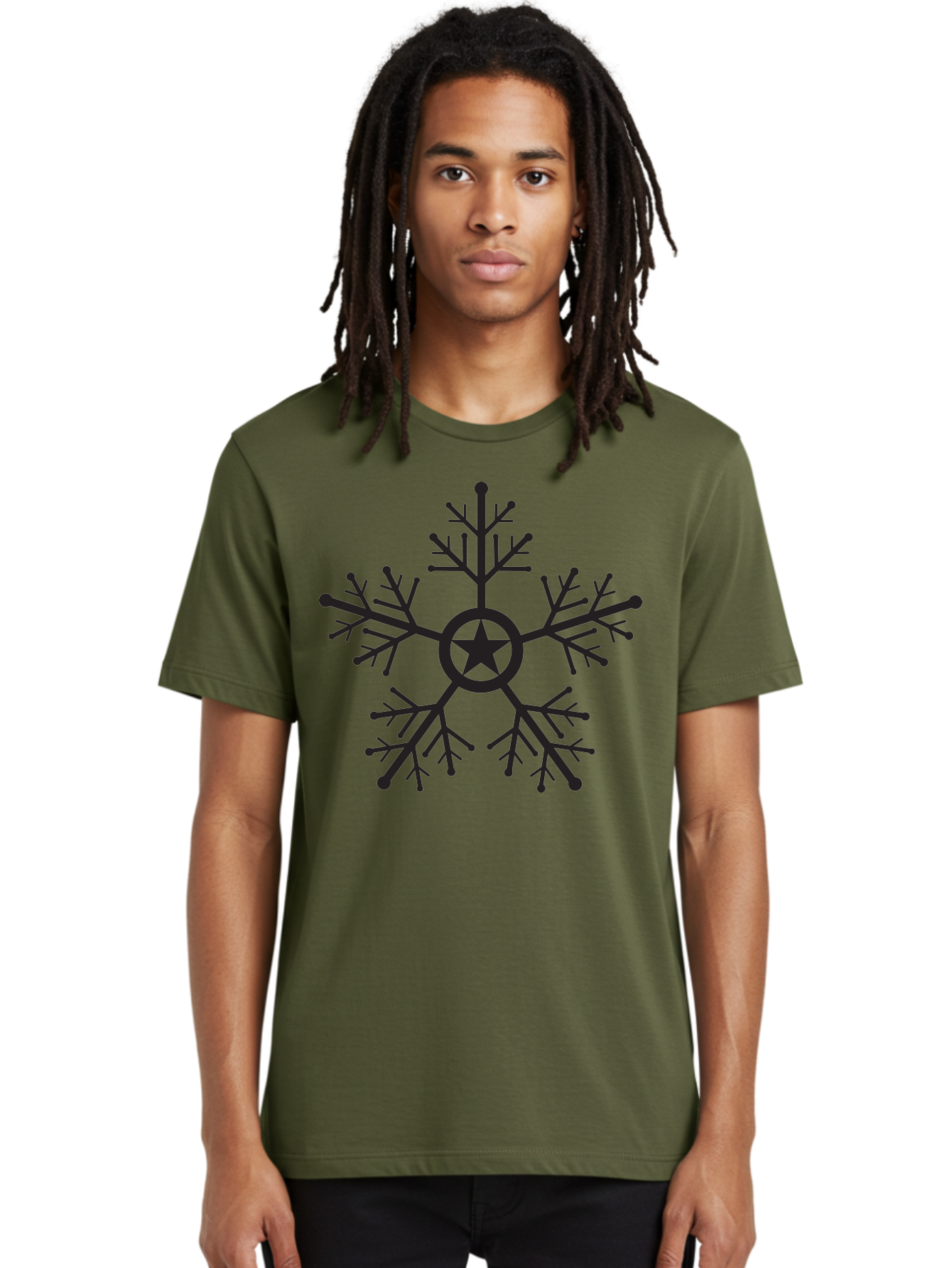 Star-Snowflake Men'S Graphic Tee, 100% Cotton, Comfortable Casual Summer Wear, Machine Washable, Snowflake With Star, Festive Design, Winter Symbol, Holiday Theme, Black Silhouette, Intricate Pattern, Frosty Decoration Aad197