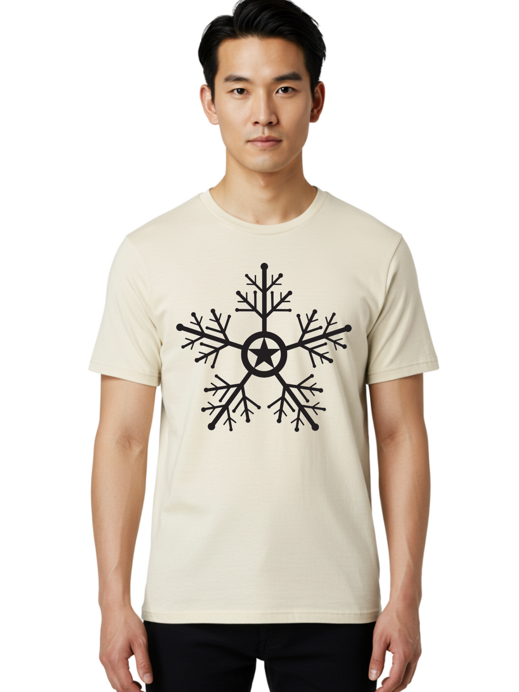 Star-Snowflake Men'S Graphic Tee, 100% Cotton, Comfortable Casual Summer Wear, Machine Washable, Snowflake With Star, Festive Design, Winter Symbol, Holiday Theme, Black Silhouette, Intricate Pattern, Frosty Decoration Aad197