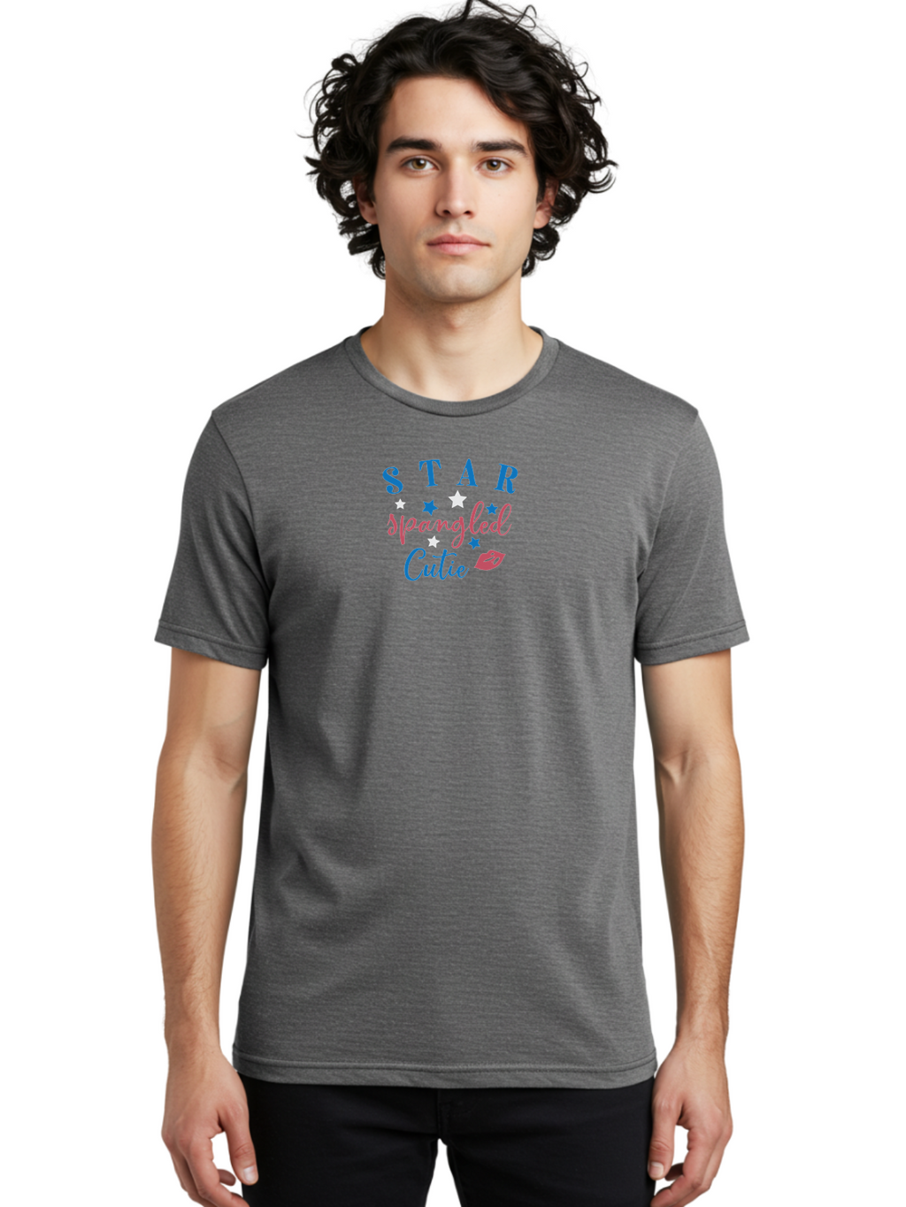 Star-Spangled-Cutie Men'S Graphic Tee, 100% Cotton, Comfortable Casual Summer Wear, Machine Washable, Star Spangled Cutie, Cute Typography, Blue And Pink Text, Pink Lips, Star Graphics, Feminine Design, Playful Font, Whimsical Elements, Aad198