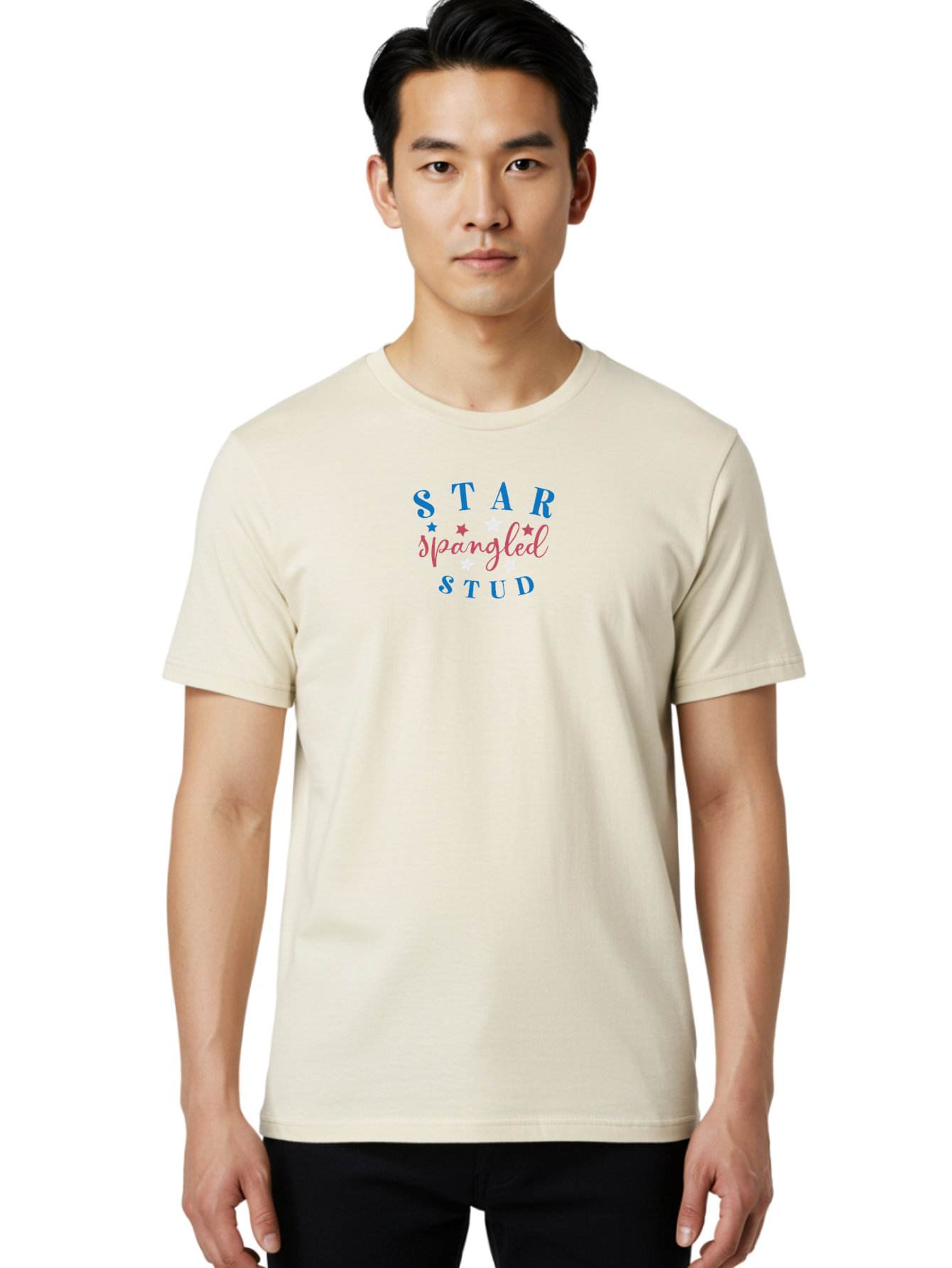 Star-Spangled-Stud Men'S Graphic Tee, 100% Cotton, Comfortable Casual Summer Wear, Machine Washable, Star Spangled Stud, Bold Typography, Blue And Pink Text, White And Pink Stars, Festive Design, Celebratory Theme, Inspirational Quote, Aad199