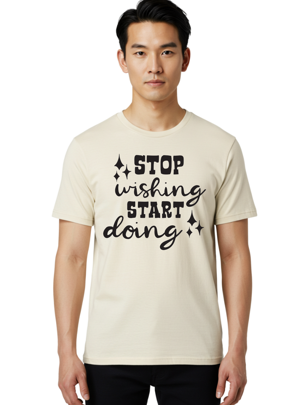 Stop-Wishing-Start-Doing Men'S Graphic Tee, 100% Cotton, Comfortable Casual Summer Wear, Machine Washable, Motivational Quote, Inspiration, Stop Wishing Start Doing, Goal Setting, Productivity Tips, Success Mindset, Positive Affirmation, Aad202