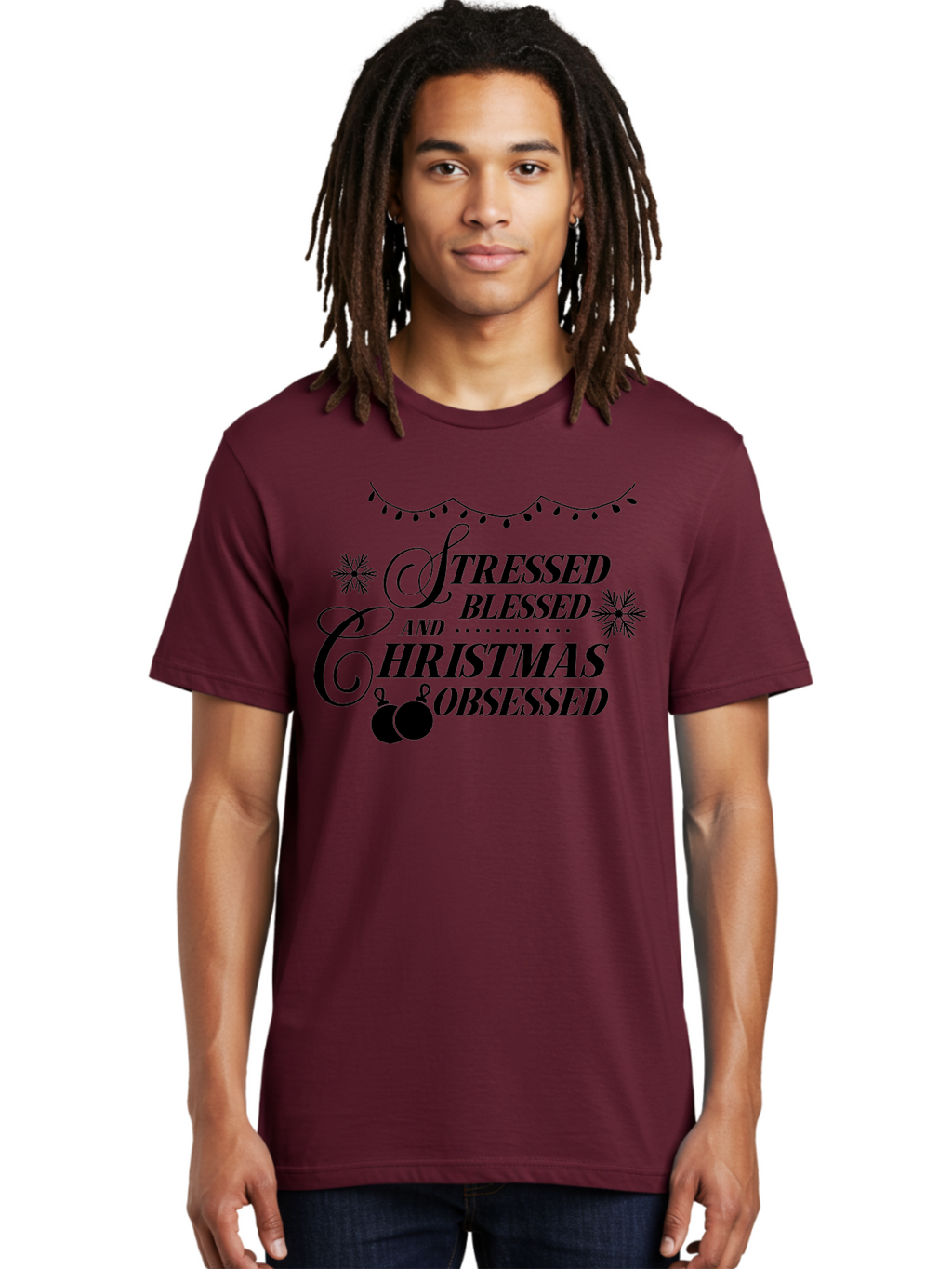Stressed-Blessed-And-Christmas-Obsessed Men'S Graphic Tee, 100% Cotton, Comfortable Casual Summer Wear, Machine Washable, Christmas Quote, Holiday Phrase, Stressed Blessed And Christmas Obsessed, Festive Decorations, Christmas Ornaments, Aad204