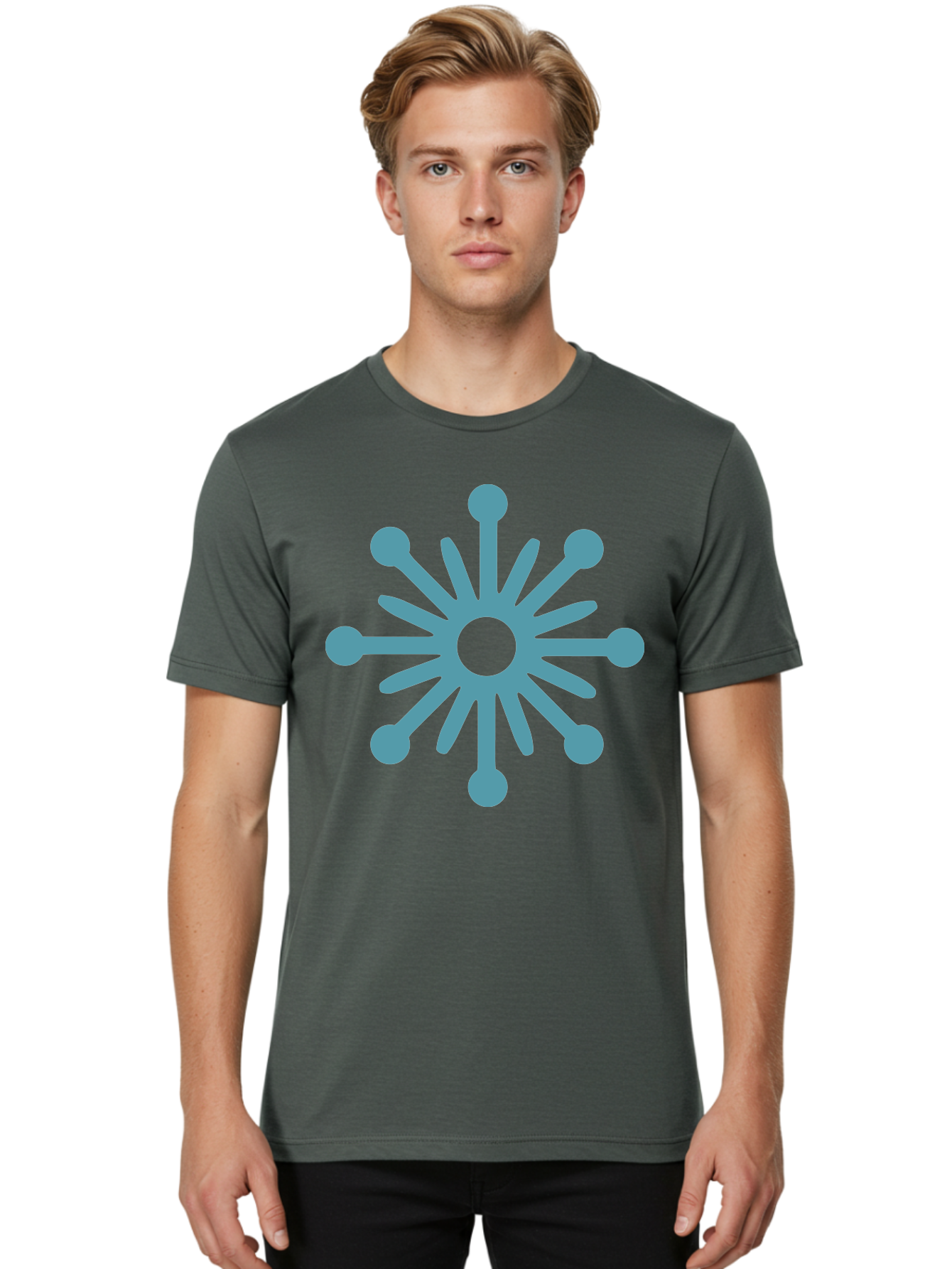 Stylized-Asterisk Men'S Graphic Tee, 100% Cotton, Comfortable Casual Summer Wear, Machine Washable, Stylized Virus Graphic, Abstract Microbiology, Symmetrical Design, Modern Iconography, Simple Shapes, Blue Symbol Aad206