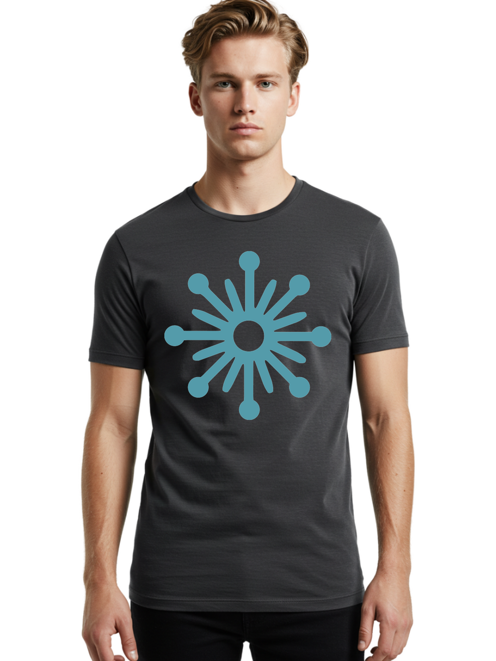 Stylized-Asterisk Men'S Graphic Tee, 100% Cotton, Comfortable Casual Summer Wear, Machine Washable, Stylized Virus Graphic, Abstract Microbiology, Symmetrical Design, Modern Iconography, Simple Shapes, Blue Symbol Aad206