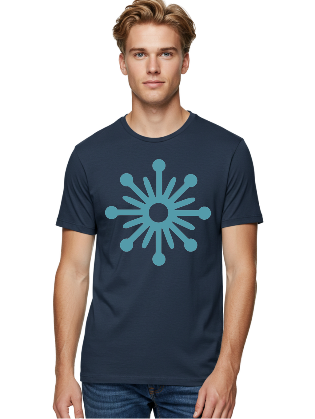 Stylized-Asterisk Men'S Graphic Tee, 100% Cotton, Comfortable Casual Summer Wear, Machine Washable, Stylized Virus Graphic, Abstract Microbiology, Symmetrical Design, Modern Iconography, Simple Shapes, Blue Symbol Aad206