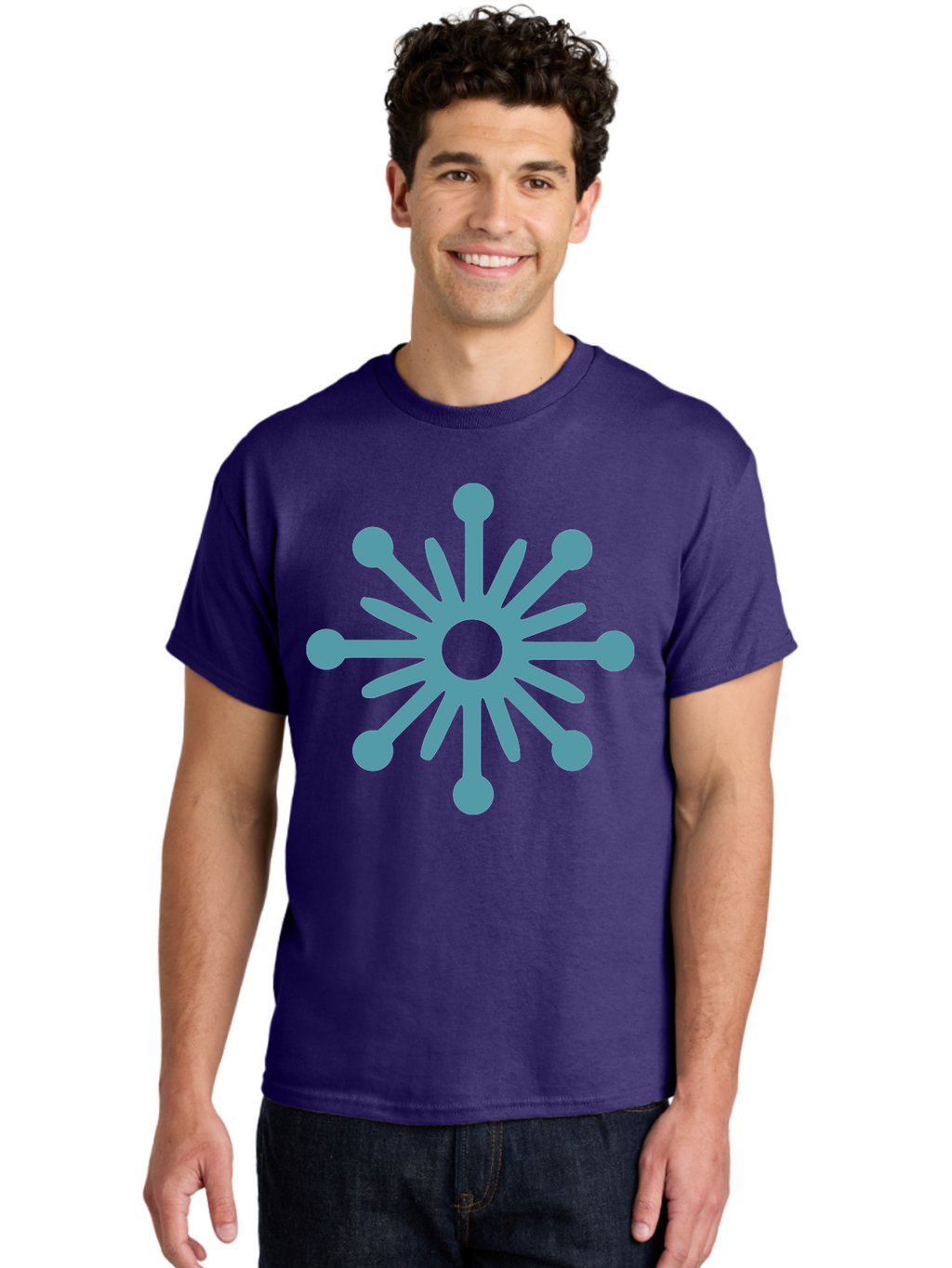 Stylized-Asterisk Men'S Graphic Tee, 100% Cotton, Comfortable Casual Summer Wear, Machine Washable, Stylized Virus Graphic, Abstract Microbiology, Symmetrical Design, Modern Iconography, Simple Shapes, Blue Symbol Aad206