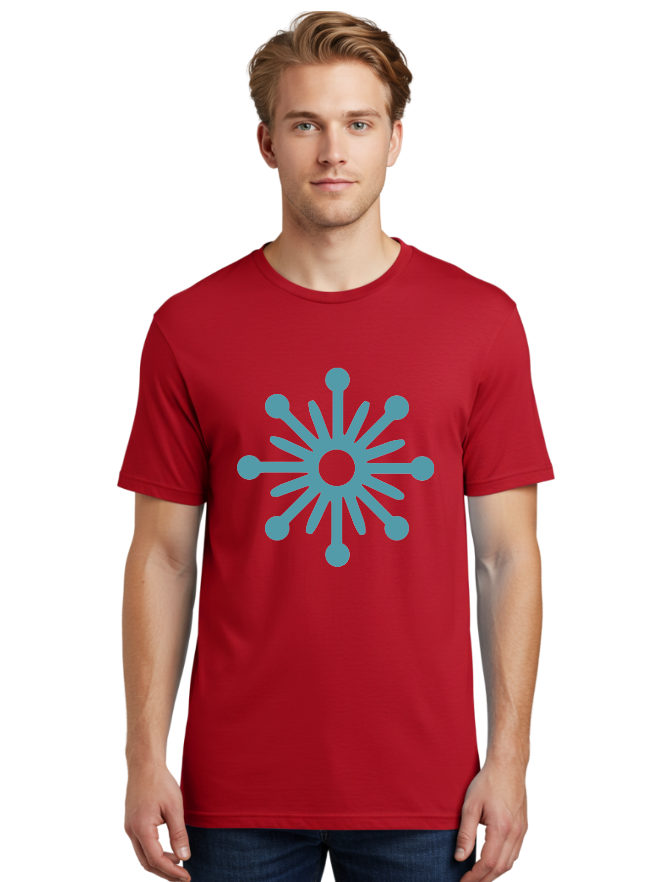 Stylized-Asterisk Men'S Graphic Tee, 100% Cotton, Comfortable Casual Summer Wear, Machine Washable, Stylized Virus Graphic, Abstract Microbiology, Symmetrical Design, Modern Iconography, Simple Shapes, Blue Symbol Aad206