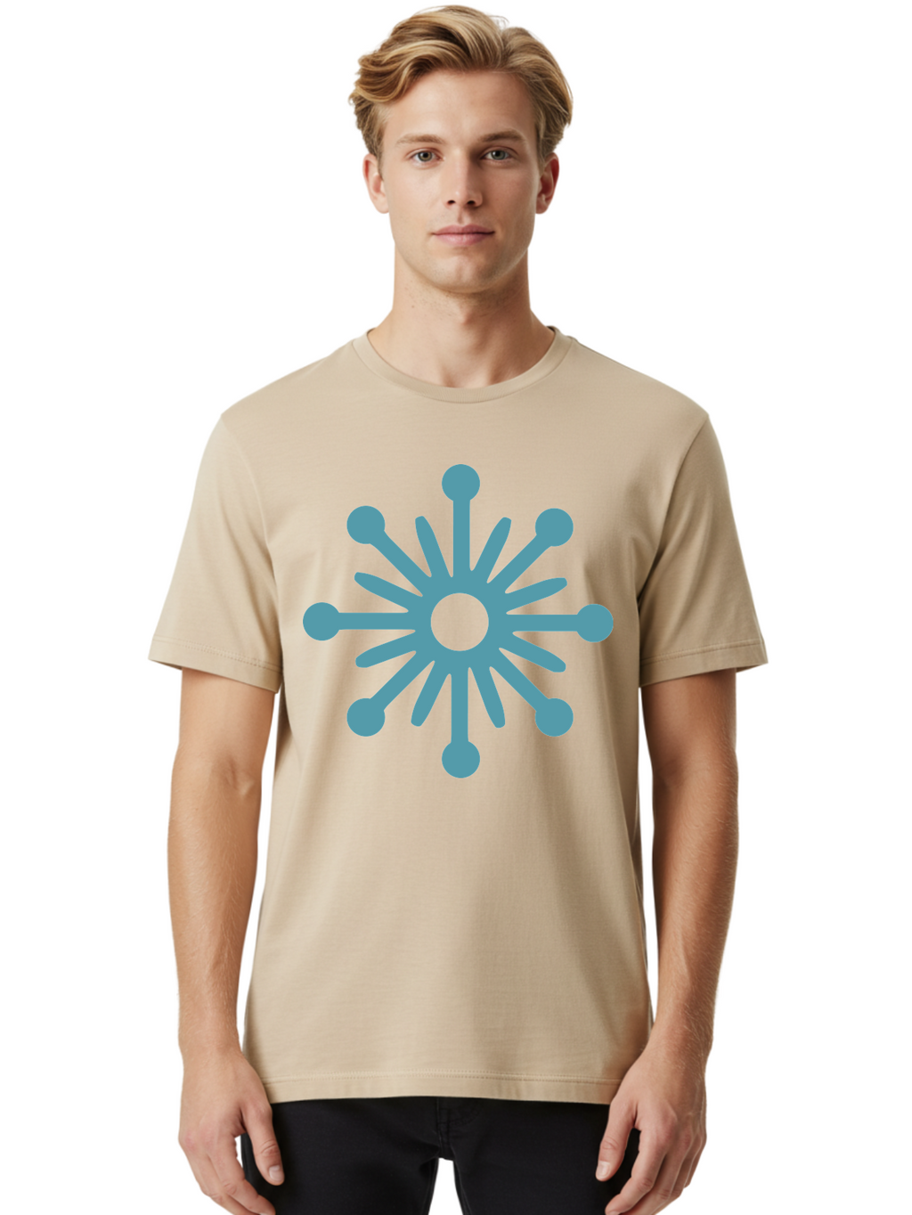 Stylized-Asterisk Men'S Graphic Tee, 100% Cotton, Comfortable Casual Summer Wear, Machine Washable, Stylized Virus Graphic, Abstract Microbiology, Symmetrical Design, Modern Iconography, Simple Shapes, Blue Symbol Aad206