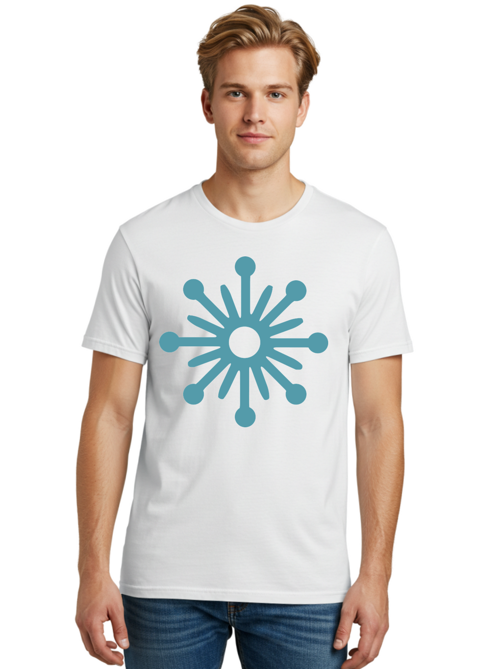 Stylized-Asterisk Men'S Graphic Tee, 100% Cotton, Comfortable Casual Summer Wear, Machine Washable, Stylized Virus Graphic, Abstract Microbiology, Symmetrical Design, Modern Iconography, Simple Shapes, Blue Symbol Aad206