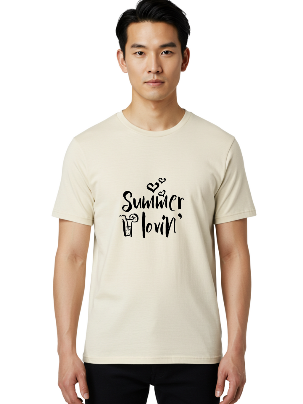 Summer-Lovin Men'S Graphic Tee, 100% Cotton, Comfortable Casual Summer Wear, Machine Washable, Summer Vibes, Refreshing Drink, Cocktail Glass, Lime Slice, Straw, Heart Icons, Summer Love, Summer Fun, Trendy Typography, Handwritten Font Aad207