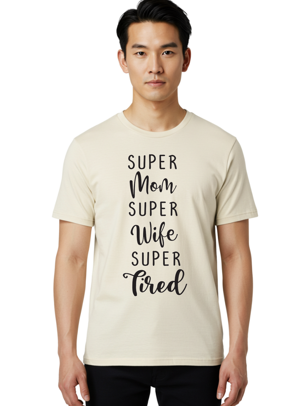 Super-Mom-Super-Wife-Super-Tired Men'S Graphic Tee, 100% Cotton, Comfortable Casual Summer Wear, Machine Washable, Super Mom, Super Wife, Super Tired, Mom Life, Motherhood, Wife Goals, Funny Quote, Relatable Humor, Mom Humor, Tired Mom Aad210
