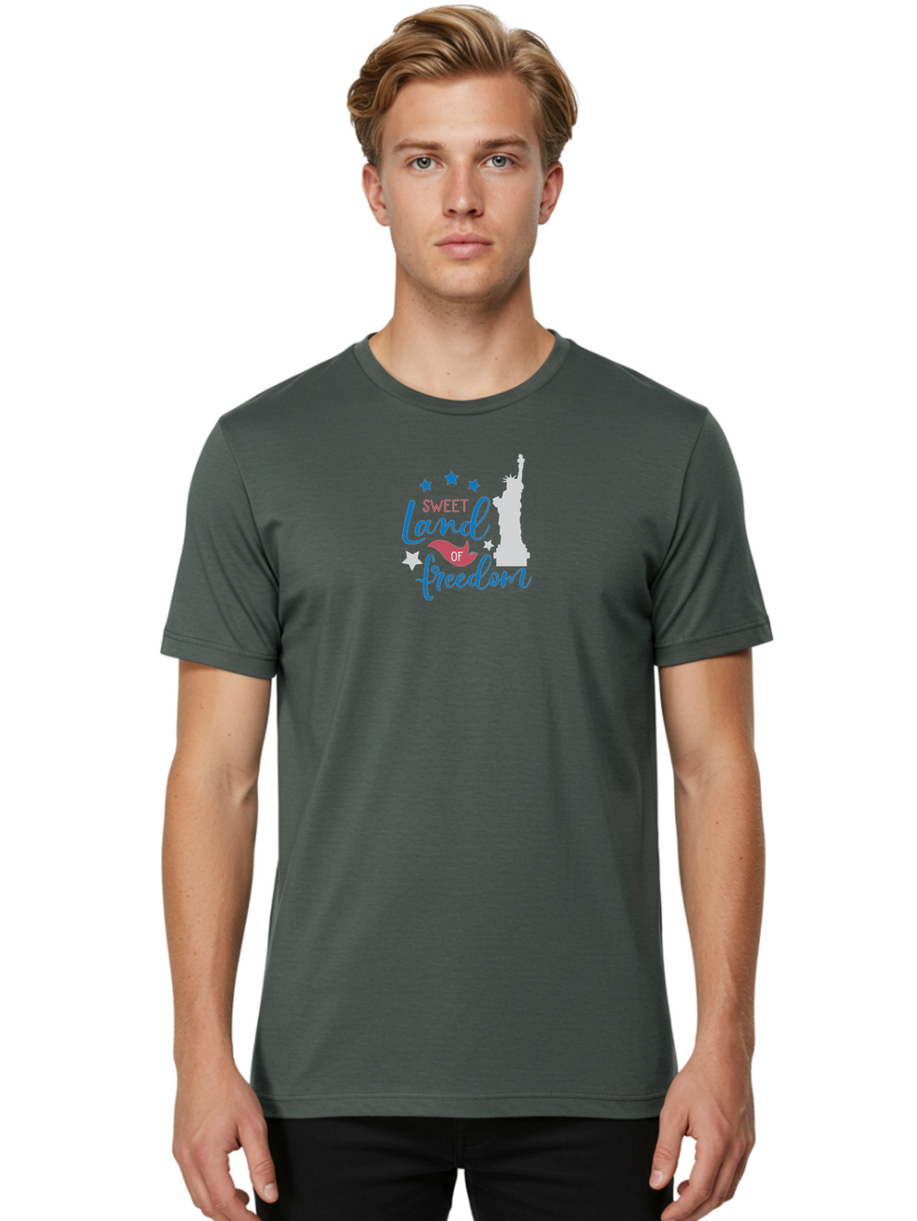 Sweet-Land-Of-Freedom Men'S Graphic Tee, 100% Cotton, Comfortable Casual Summer Wear, Machine Washable, Statue Of Liberty, Stars, Liberty Symbol, Usa, Statue Of Liberty, Freedom, 'Sweet Land Of Freedom', Patriotic Design, Inspirational Quote Aad216
