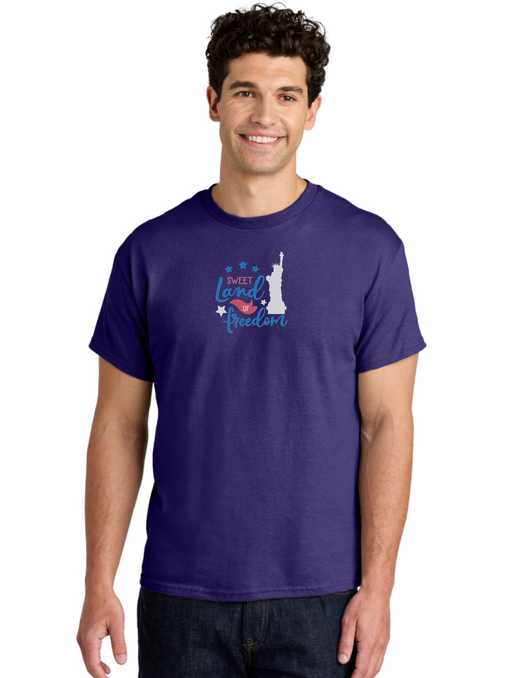 Sweet-Land-Of-Freedom Men'S Graphic Tee, 100% Cotton, Comfortable Casual Summer Wear, Machine Washable, Statue Of Liberty, Stars, Liberty Symbol, Usa, Statue Of Liberty, Freedom, 'Sweet Land Of Freedom', Patriotic Design, Inspirational Quote Aad216