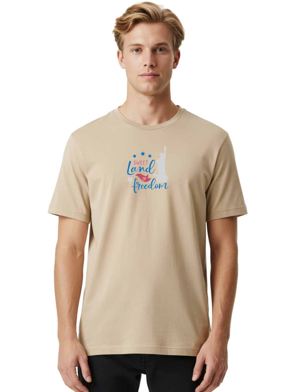 Sweet-Land-Of-Freedom Men'S Graphic Tee, 100% Cotton, Comfortable Casual Summer Wear, Machine Washable, Statue Of Liberty, Stars, Liberty Symbol, Usa, Statue Of Liberty, Freedom, 'Sweet Land Of Freedom', Patriotic Design, Inspirational Quote Aad216