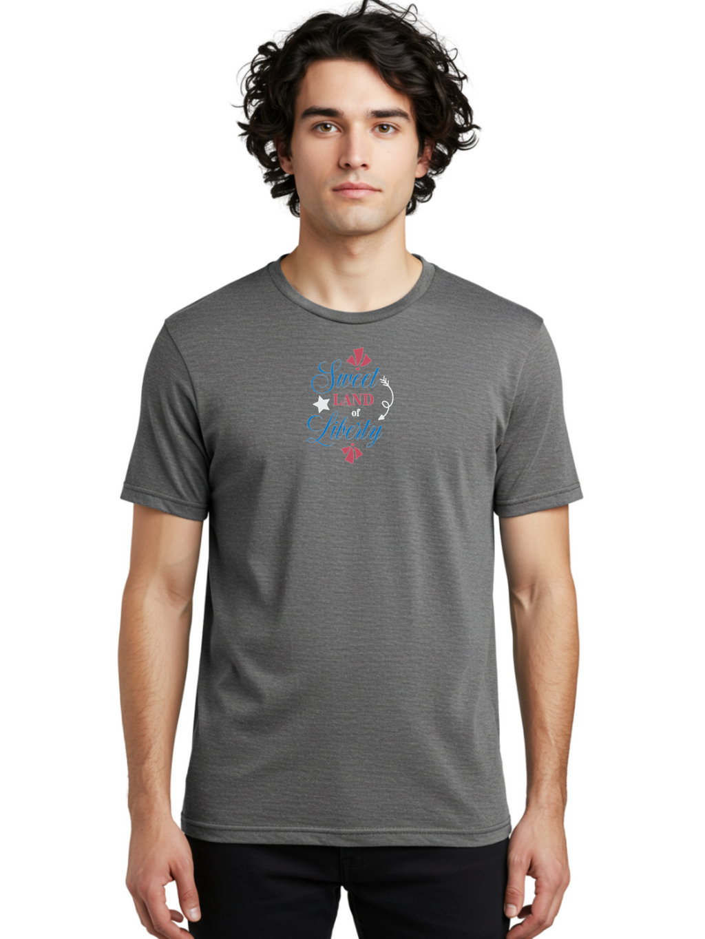 Sweet-Land-Of-Liberty Men'S Graphic Tee, 100% Cotton, Comfortable Casual Summer Wear, Machine Washable, Patriotic Graphic, Liberty Theme, Usa Inspiration, Vintage Style, Floral Elements, Arrow Design, Star Symbol, Red White And Blue Colors, Aad217
