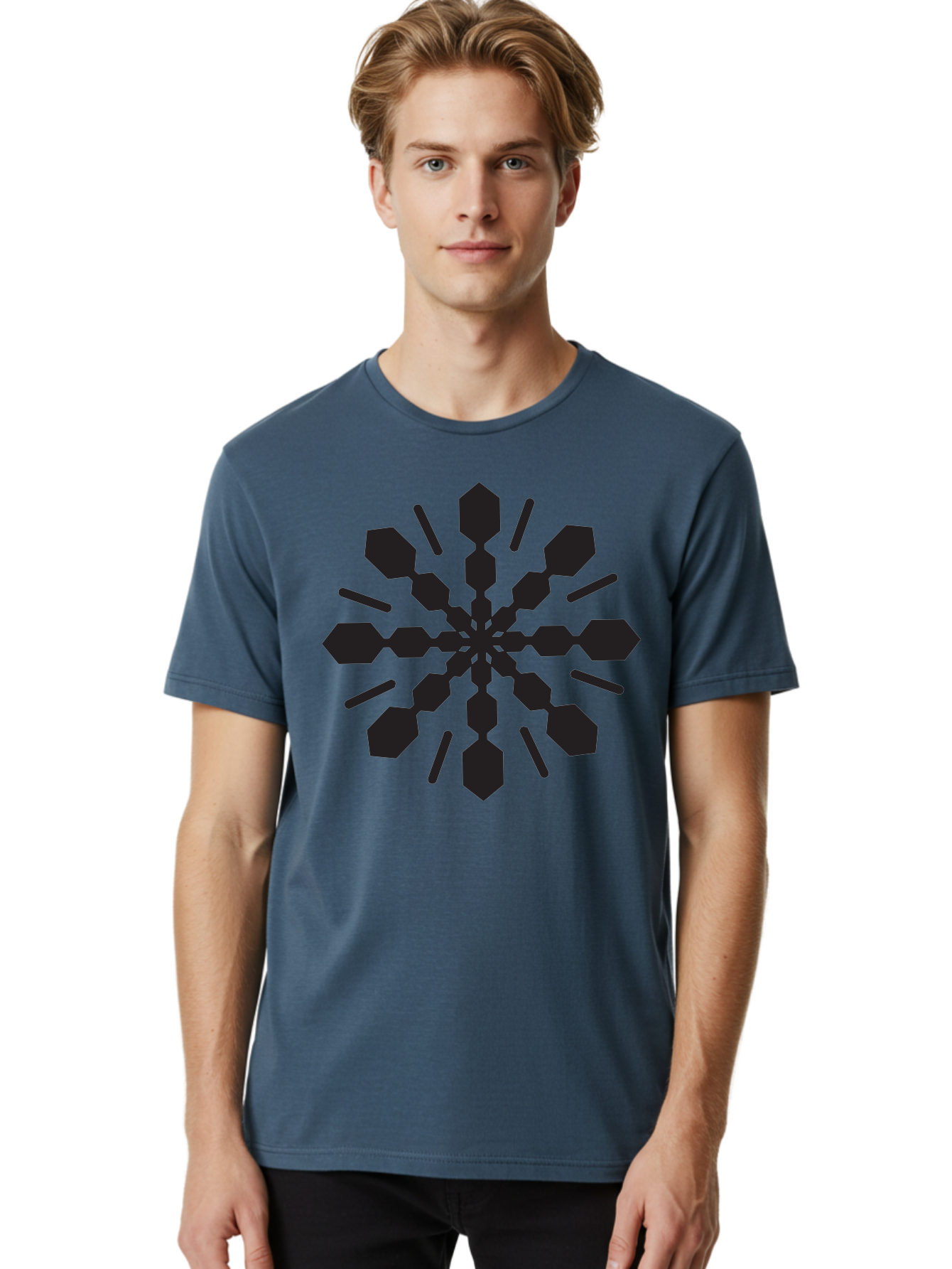 Symmetrical-Snowflake Men'S Graphic Tee, 100% Cotton, Comfortable Casual Summer Wear, Machine Washable, Symmetrical Design, Abstract Art, Geometric Pattern, Black Shapes, Radial Symmetry, Modern Graphic, Minimalist Style Aad218