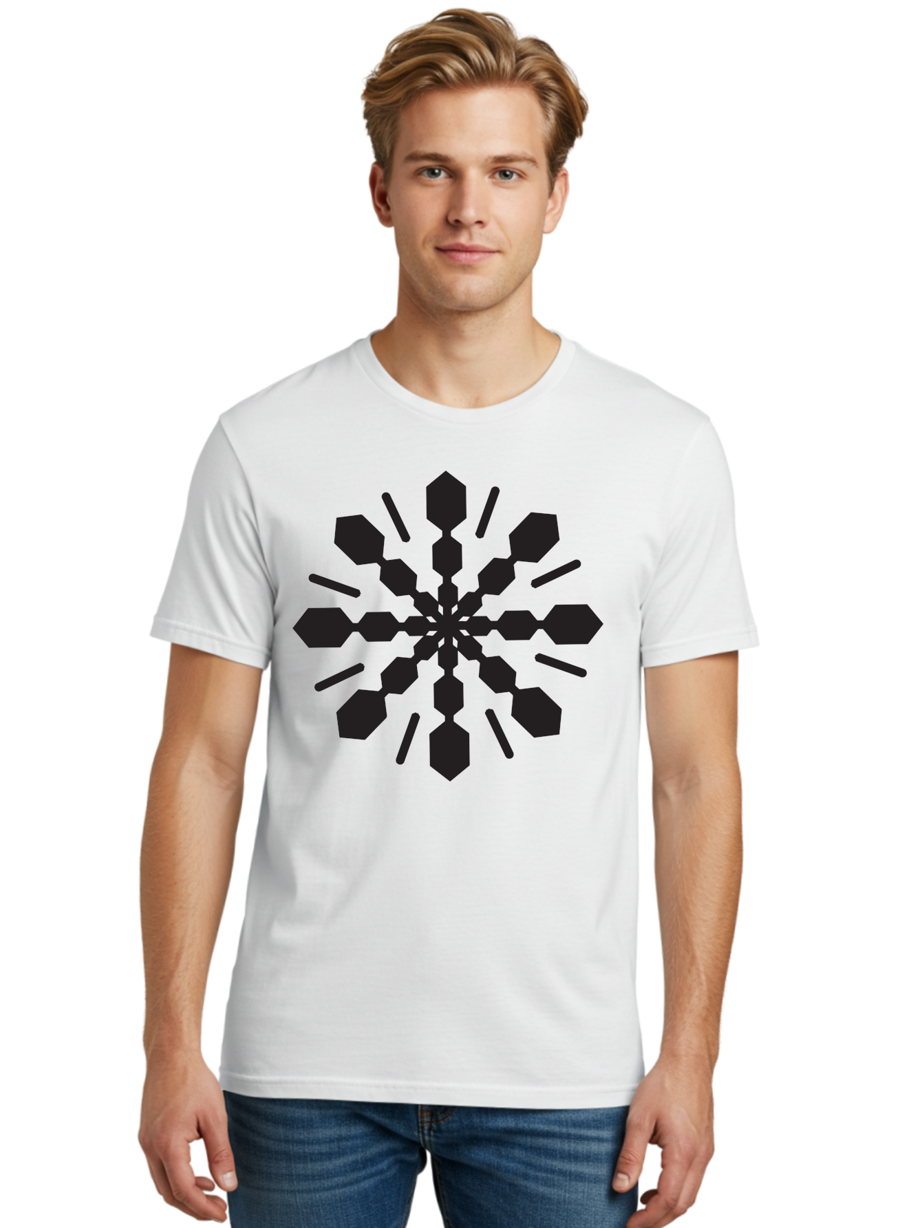 Symmetrical-Snowflake Men'S Graphic Tee, 100% Cotton, Comfortable Casual Summer Wear, Machine Washable, Symmetrical Design, Abstract Art, Geometric Pattern, Black Shapes, Radial Symmetry, Modern Graphic, Minimalist Style Aad218