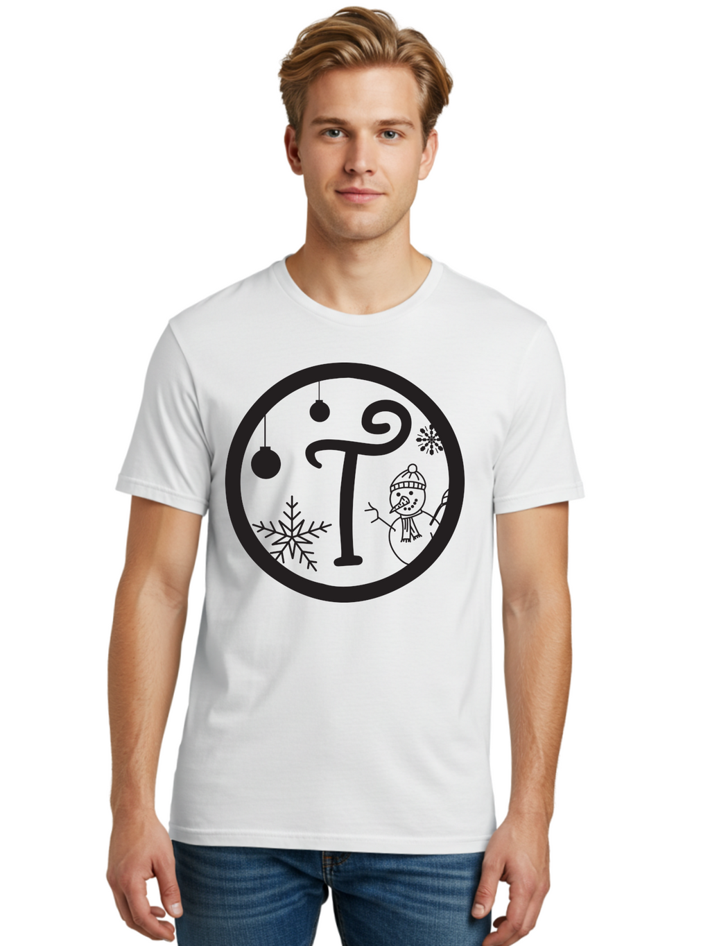 T-Snowman Men'S Graphic Tee, 100% Cotton, Comfortable Casual Summer Wear, Machine Washable, Snowman Waving, Christmas Ornaments, Snowflakes, Winter Wonderland, Holiday Decorations, Festive Theme, Minimalist Design, Cute Snowman Character Aad219