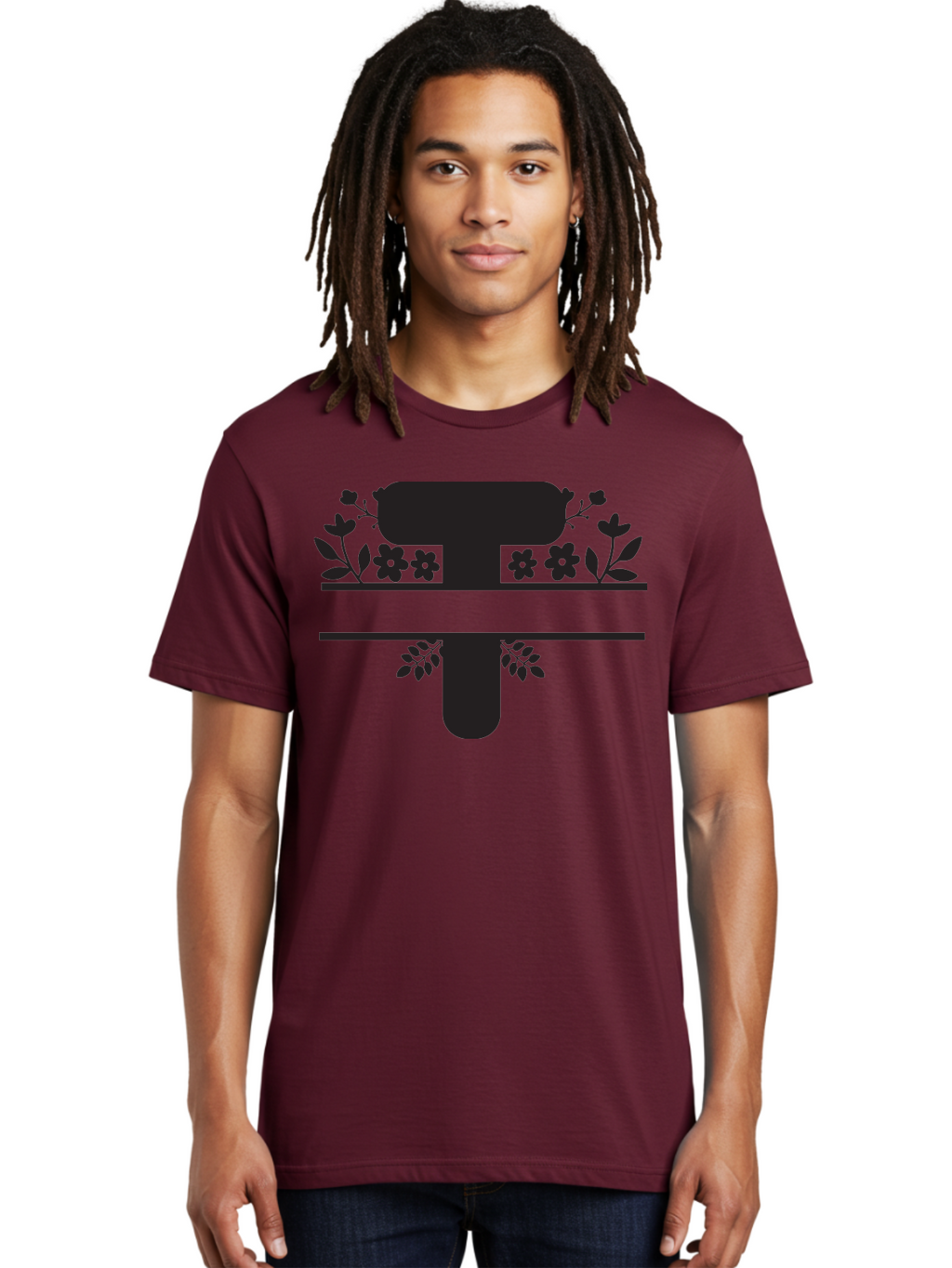 T Men'S Graphic Tee, 100% Cotton, Comfortable Casual Summer Wear, Machine Washable, Stylized Letter T, Floral Design, Black Silhouette, Leafy Accents, Flowers, Logo Concept, Typography, Elegant Graphics, Modern Design, Symbolic Representation Aad220