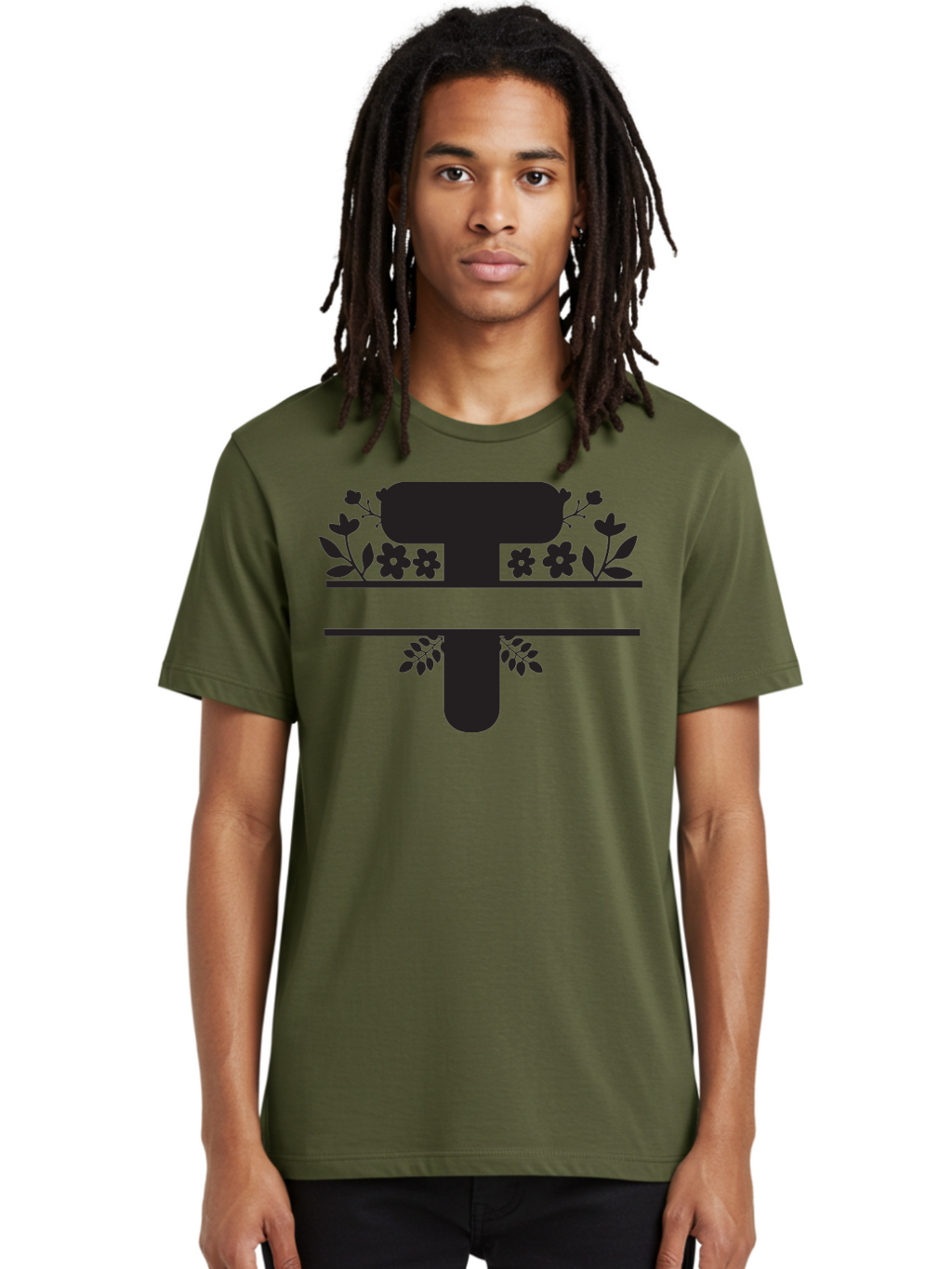 T Men'S Graphic Tee, 100% Cotton, Comfortable Casual Summer Wear, Machine Washable, Stylized Letter T, Floral Design, Black Silhouette, Leafy Accents, Flowers, Logo Concept, Typography, Elegant Graphics, Modern Design, Symbolic Representation Aad220