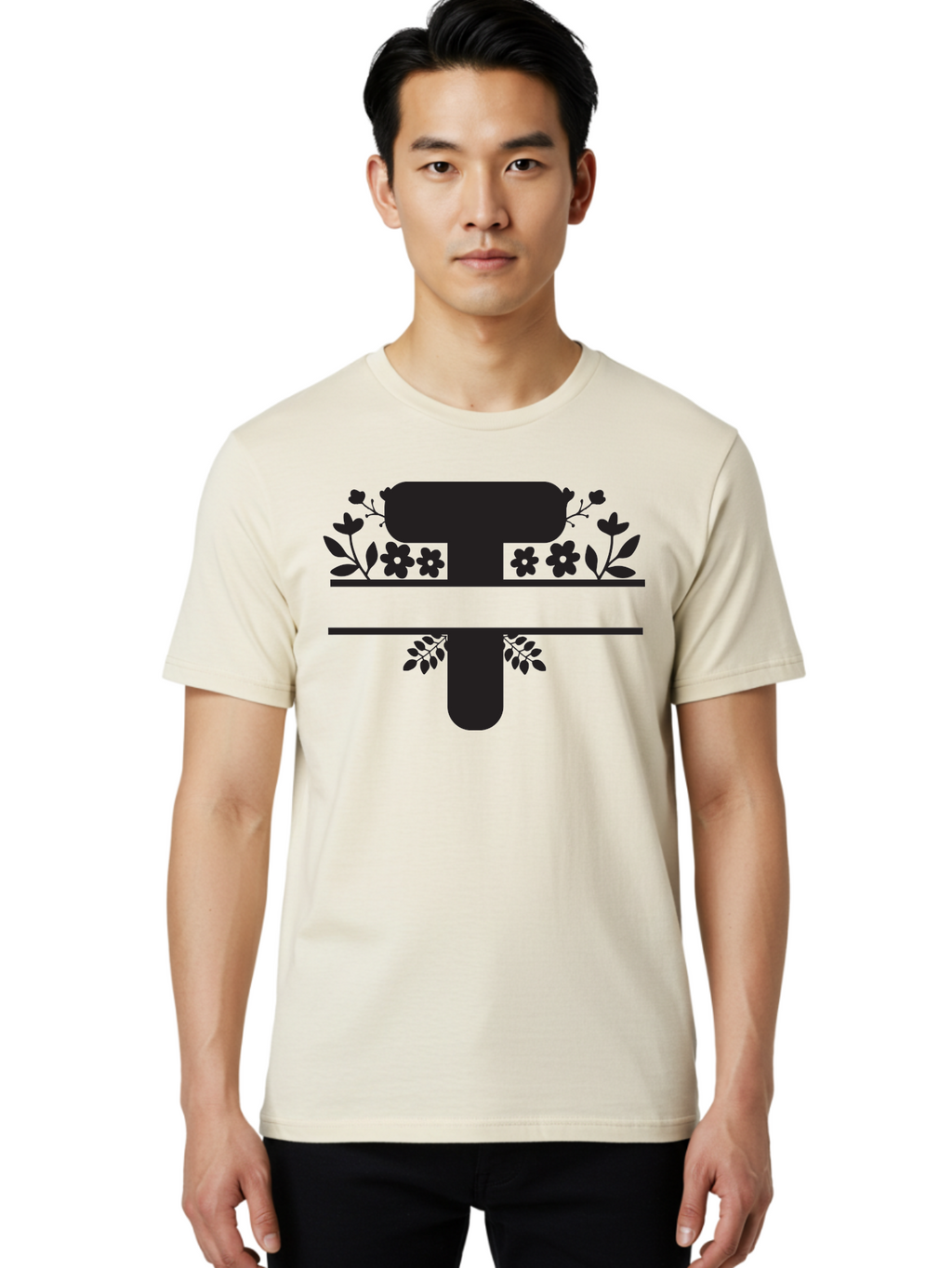 T Men'S Graphic Tee, 100% Cotton, Comfortable Casual Summer Wear, Machine Washable, Stylized Letter T, Floral Design, Black Silhouette, Leafy Accents, Flowers, Logo Concept, Typography, Elegant Graphics, Modern Design, Symbolic Representation Aad220