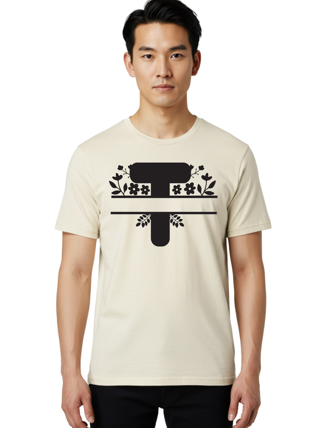 T Men'S Graphic Tee, 100% Cotton, Comfortable Casual Summer Wear, Machine Washable, Stylized Letter T, Floral Design, Black Silhouette, Leafy Accents, Flowers, Logo Concept, Typography, Elegant Graphics, Modern Design, Symbolic Representation Aad220