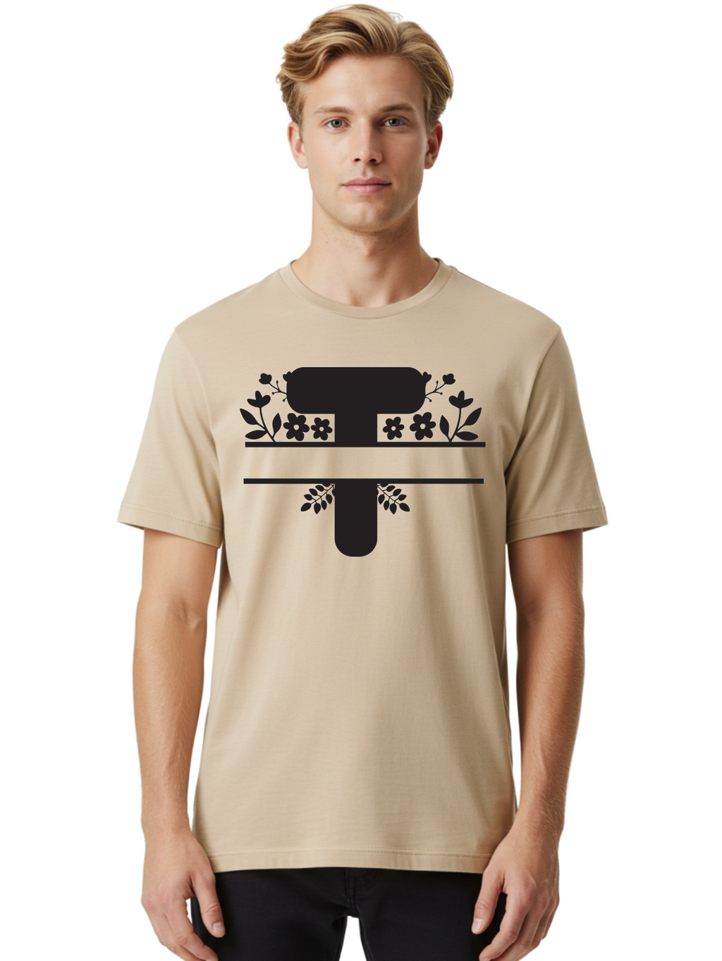 T Men'S Graphic Tee, 100% Cotton, Comfortable Casual Summer Wear, Machine Washable, Stylized Letter T, Floral Design, Black Silhouette, Leafy Accents, Flowers, Logo Concept, Typography, Elegant Graphics, Modern Design, Symbolic Representation Aad220