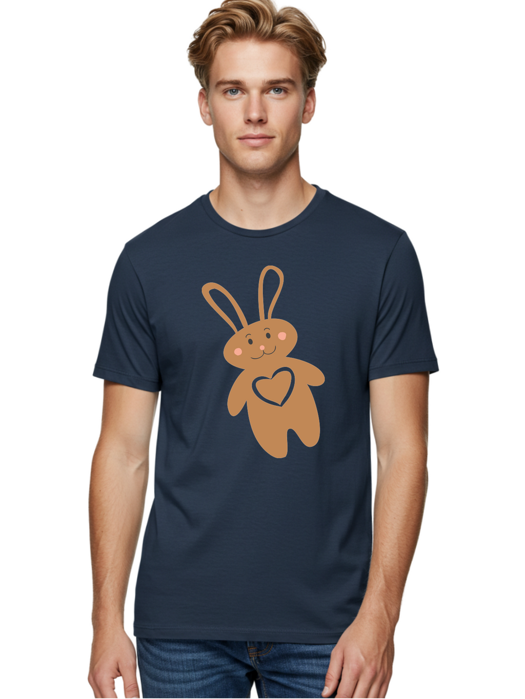 Teddy-Bunny Men'S Graphic Tee, 100% Cotton, Comfortable Casual Summer Wear, Machine Washable, Teddy Bear, Bunny, Heart, Cute, Cartoon, Digital Art, Nursery, Kawaii, Love, Friendship, Adorable Aad226