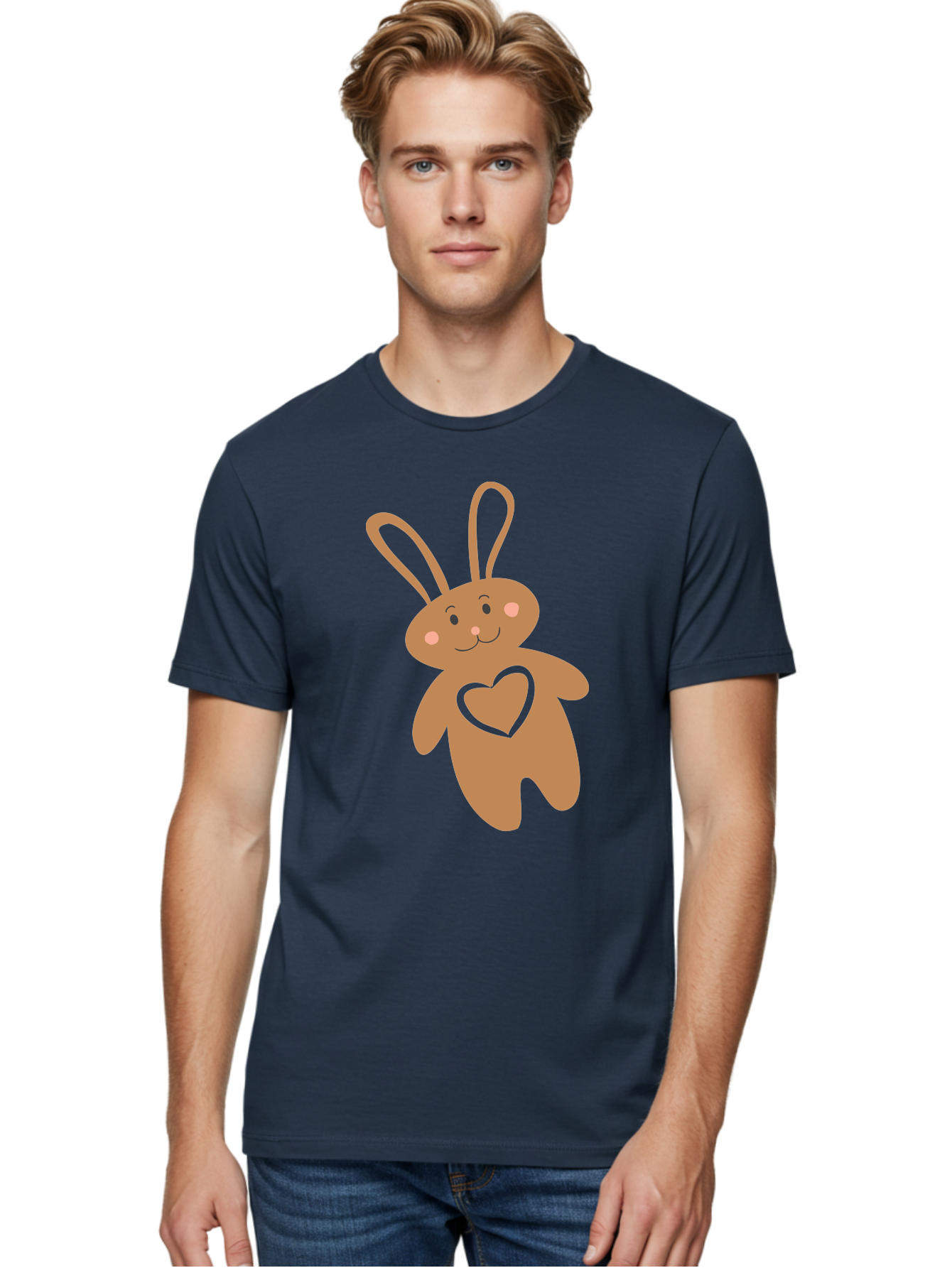 Teddy-Bunny Men'S Graphic Tee, 100% Cotton, Comfortable Casual Summer Wear, Machine Washable, Teddy Bear, Bunny, Heart, Cute, Cartoon, Digital Art, Nursery, Kawaii, Love, Friendship, Adorable Aad226