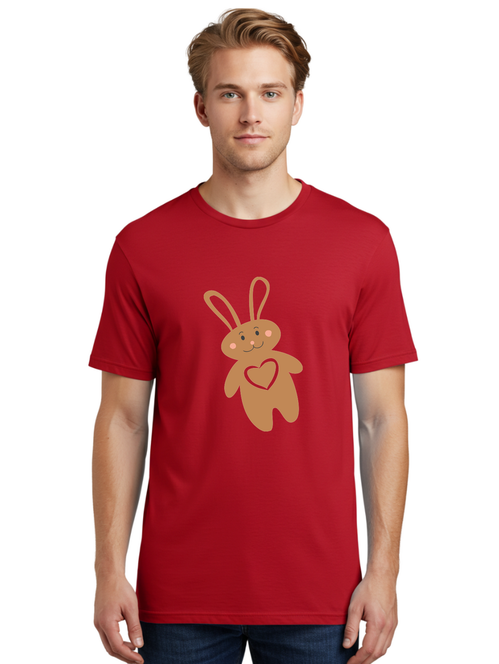 Teddy-Bunny Men'S Graphic Tee, 100% Cotton, Comfortable Casual Summer Wear, Machine Washable, Teddy Bear, Bunny, Heart, Cute, Cartoon, Digital Art, Nursery, Kawaii, Love, Friendship, Adorable Aad226