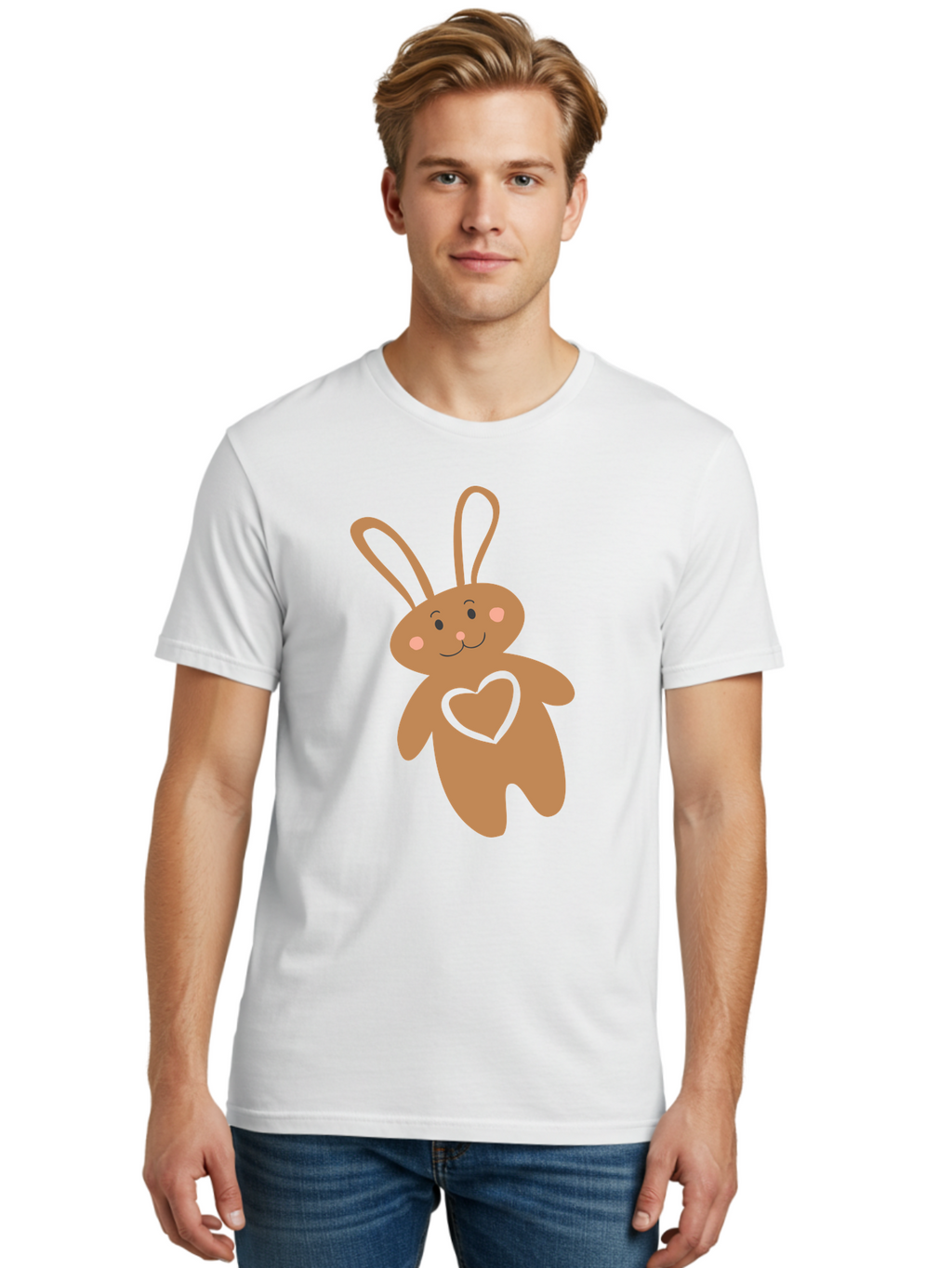Teddy-Bunny Men'S Graphic Tee, 100% Cotton, Comfortable Casual Summer Wear, Machine Washable, Teddy Bear, Bunny, Heart, Cute, Cartoon, Digital Art, Nursery, Kawaii, Love, Friendship, Adorable Aad226