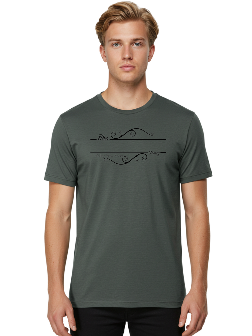 The-Family Men'S Graphic Tee, 100% Cotton, Comfortable Casual Summer Wear, Machine Washable, Custom Address Label, Personalized Stationery, Elegant Font, Decorative Swirls, Calligraphy Style, Formal Design, Family Name, Address Label, Aad233