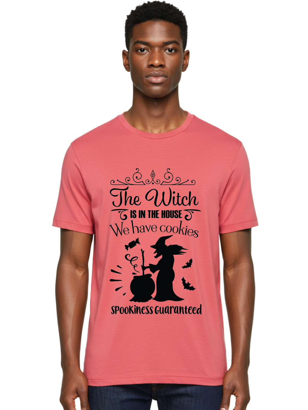 The-Witch-Is-In-The-House-We-Have-Cookies Men'S Graphic Tee, 100% Cotton, Comfortable Casual Summer Wear, Machine Washable, Halloween Witch, Witch Silhouette, Witch'S Cauldron, Halloween Treats, Spooky Decorations, Halloween Cookies, Aad239
