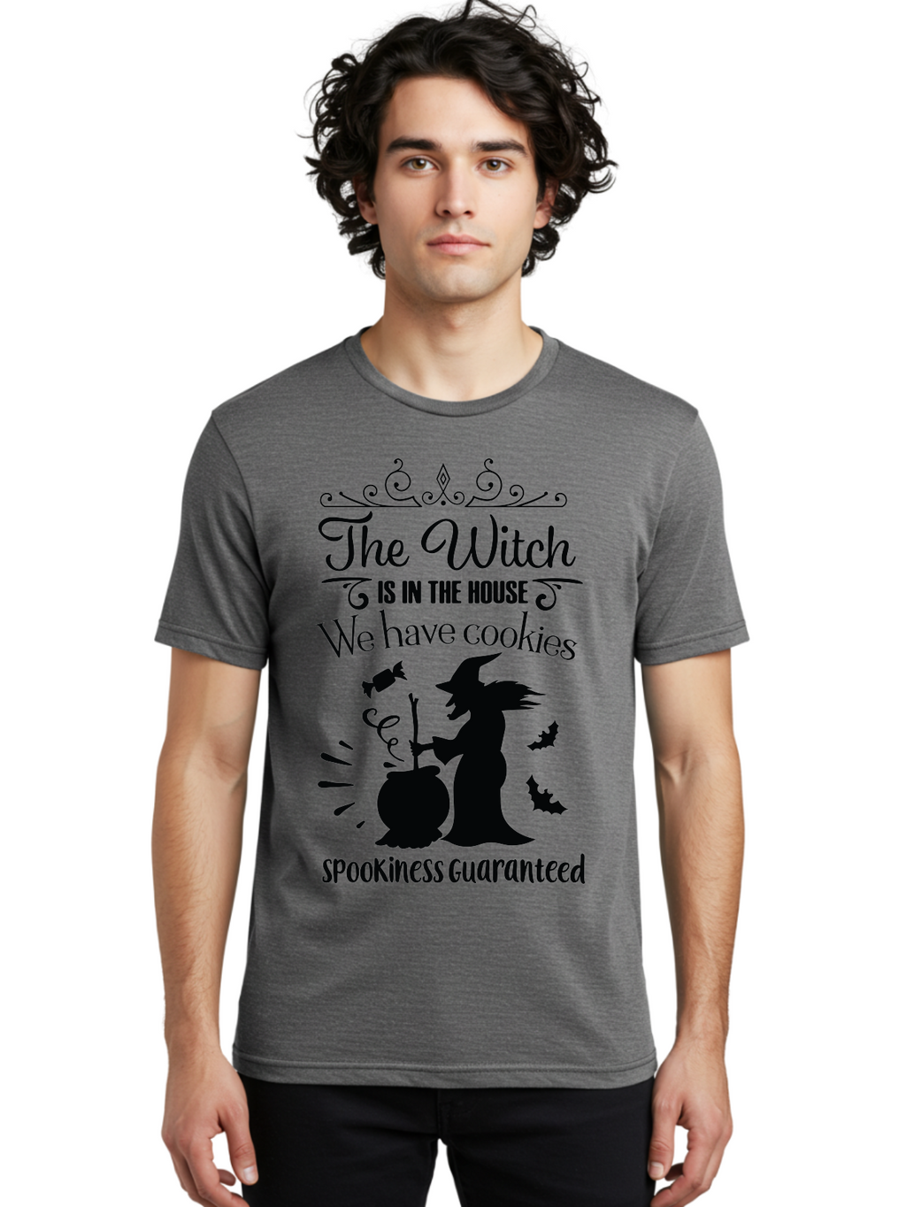 The-Witch-Is-In-The-House-We-Have-Cookies Men'S Graphic Tee, 100% Cotton, Comfortable Casual Summer Wear, Machine Washable, Halloween Witch, Witch Silhouette, Witch'S Cauldron, Halloween Treats, Spooky Decorations, Halloween Cookies, Aad239